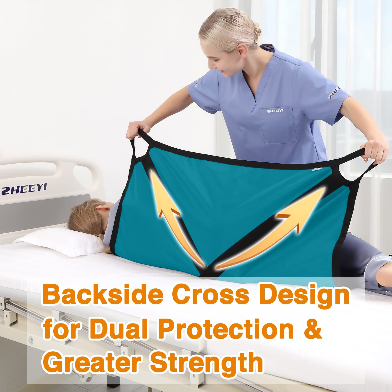 Almohadilla de cama multiusos de 39 x 36 pulgadas con asas reforzadas, sábana reutilizable y lavable para tornear, levantar y reposicionar, tela de nailon de doble cara, azul pavo real