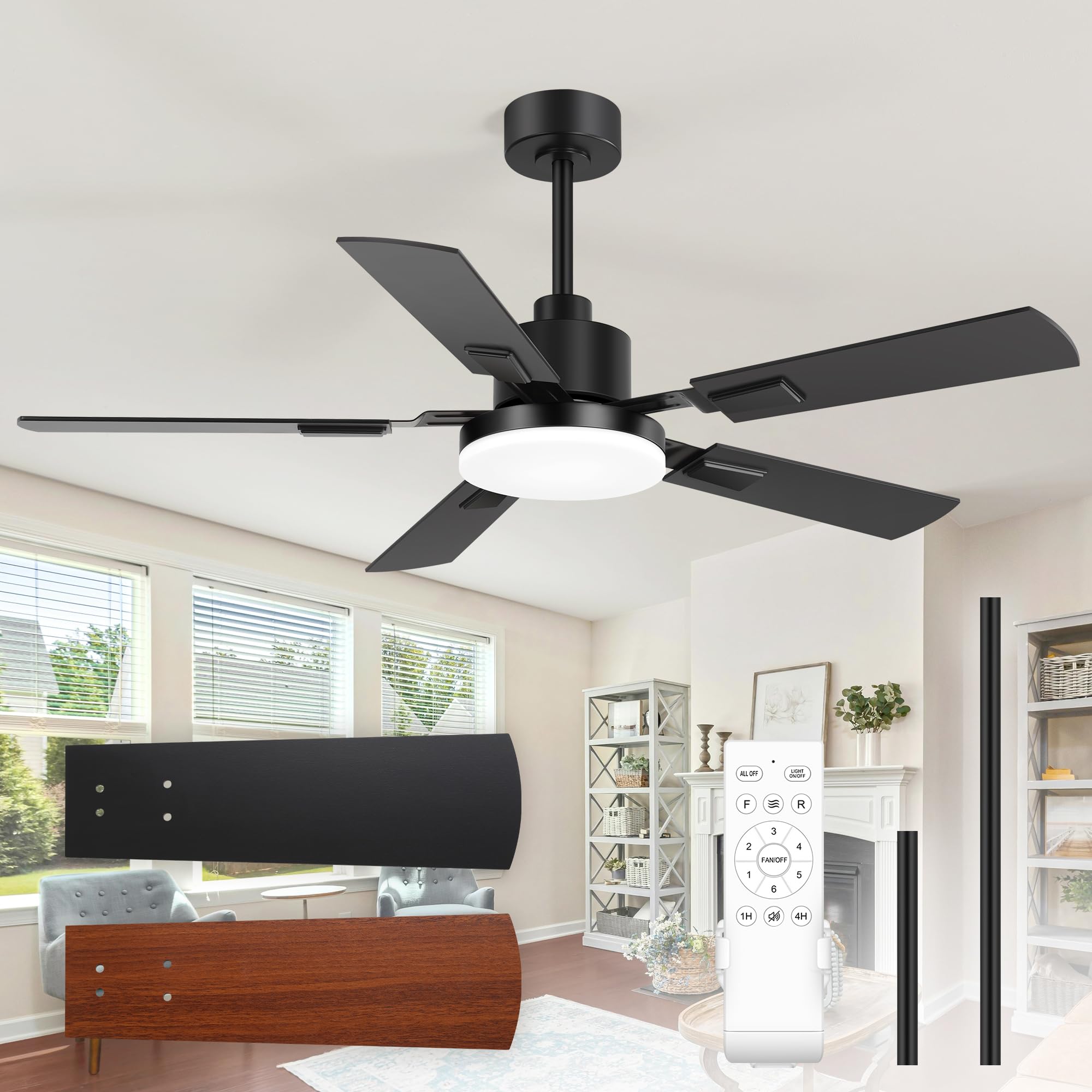 52 Inch Ceiling Fan with Light and Remote Control,Black Ceiling Fans with Lights,Modern Reversible, 3CCT, Noiseless High CFM Ceiling Fan for Living Room Farmhouse Bedroom