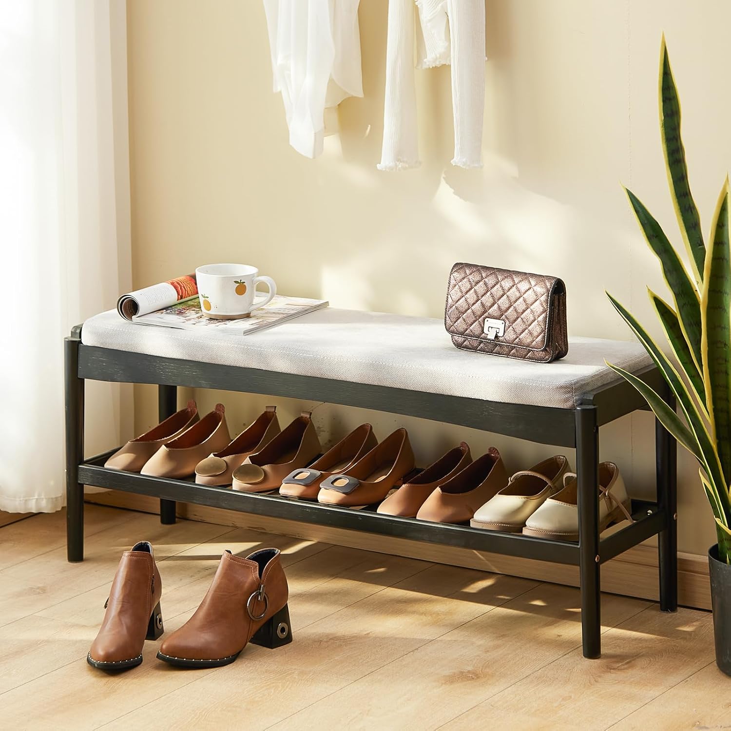 Shoe Bench Entryway Bamboo 2-Tier Shoe Rack with Cushion Padded Seat Shoe Bench Organizer Stable for Entry, Hallway, Living Room, Bedroom, Closet (39.4 * 11.4 * 16.5IN, Black-Gray) Black-gray 39.4*11.4*16.5Inches