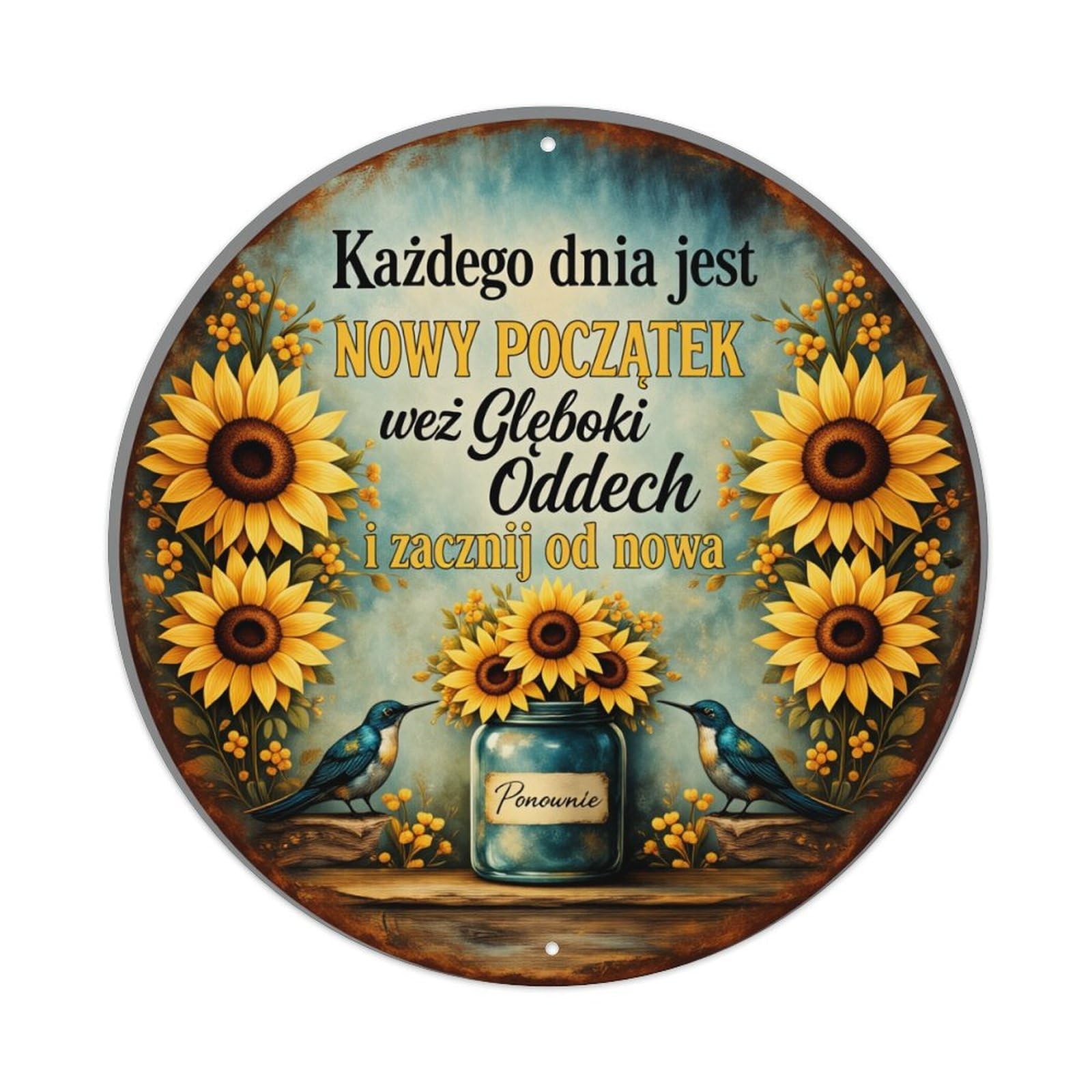 Sunflower Birds Jar Flowers Text Round Metal Tin Sign Vintage Wall Decor, Bar Garage Cafe Kitchen Home Wall Art Poster 8x8inches