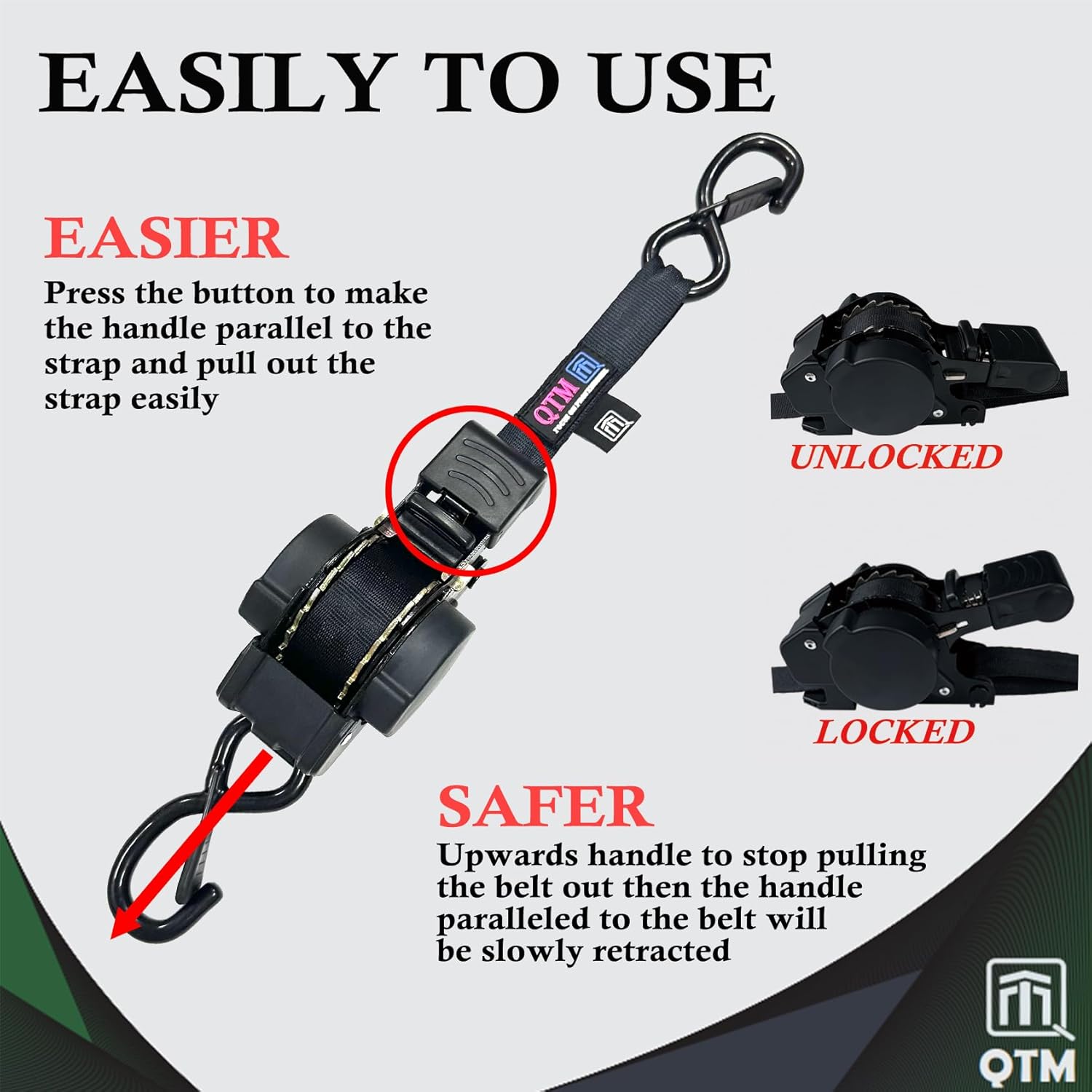 QTM Retractable Ratchet Straps Heavy Duty, Black, 1 Inch X 10 Feet, 2000lbs Breaking Strength, 4-Pack with Storage Bag, Ideal for UTV, ATV- Tie Down Straps, Self Retractable