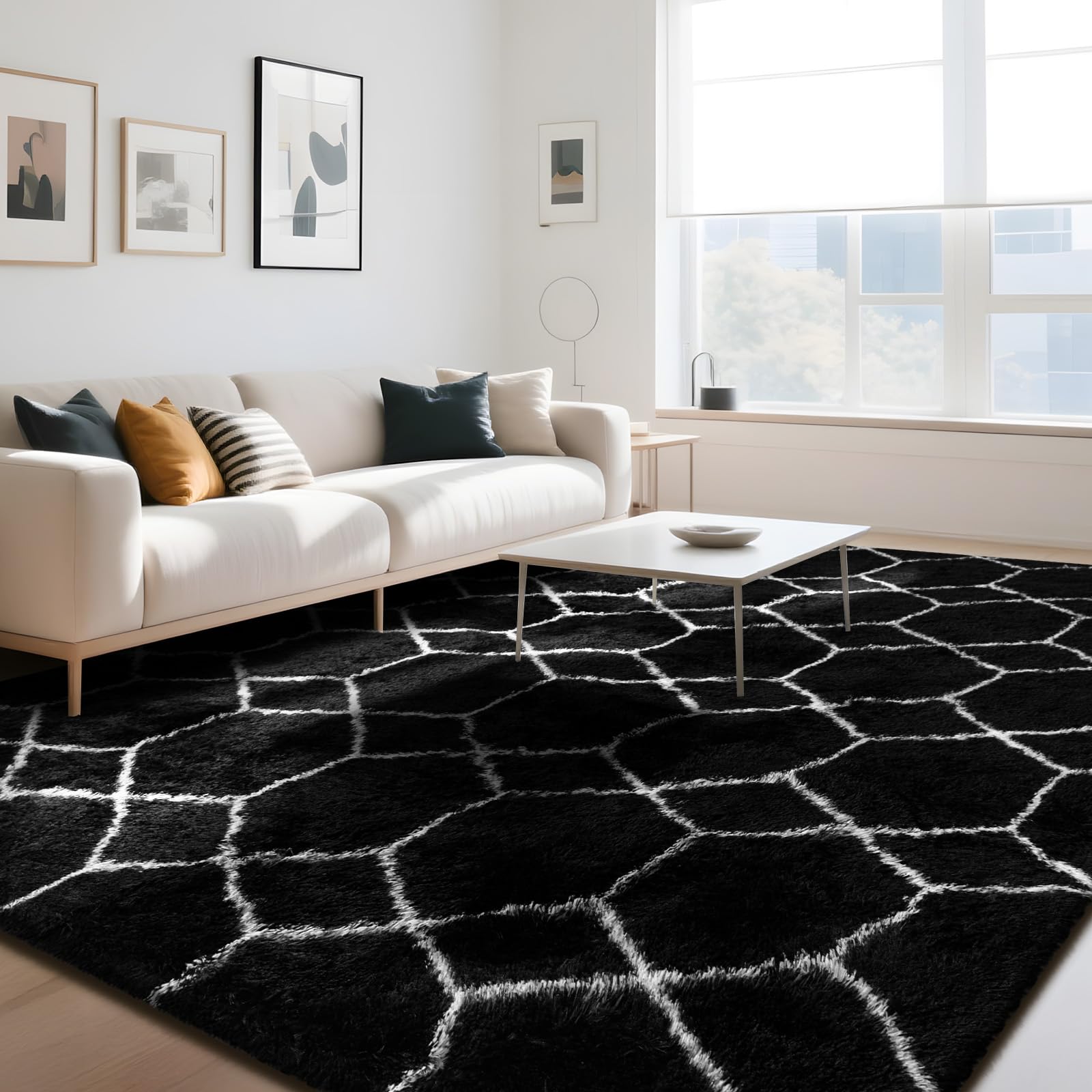Untimaty Geometric Rugs Living Room - 160x230cm Extra Large Black Rug, Ultra Soft Fluffy Shaggy Rug for living room, Washable Anti Slip Area Rug Carpet for bedroom Kid Baby Room Dorm Lounge Decor