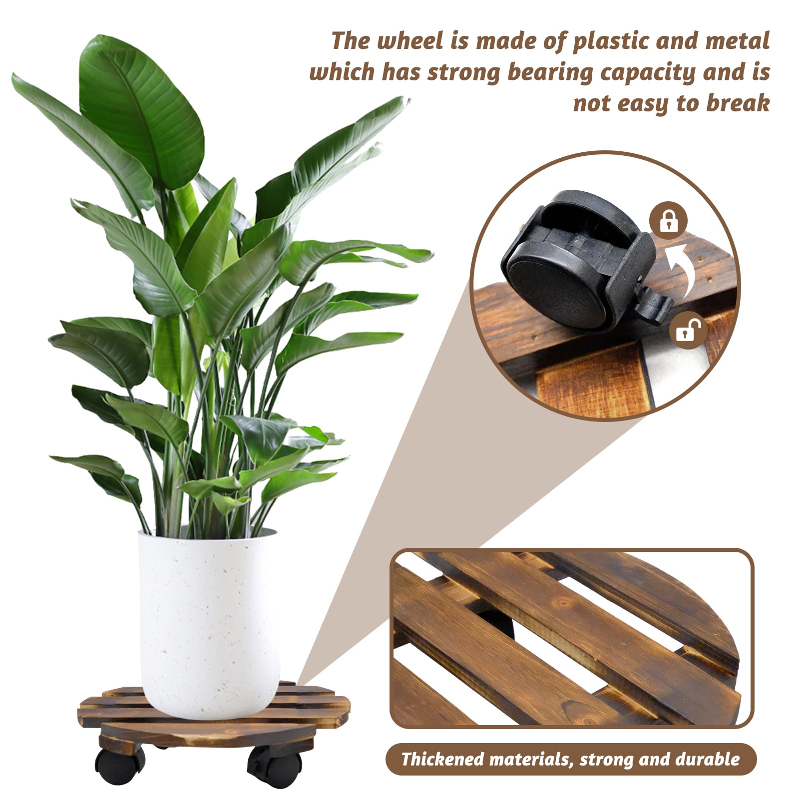 Plataforma con Ruedas Redonda Base con Rueda 30 x 30 x 8 cm Base de Jardinera de Madera con Ruedas Giratorias con Bloqueo Soporte para plantas Interiores Exteriores, Capacidad de Carga de 60 kg