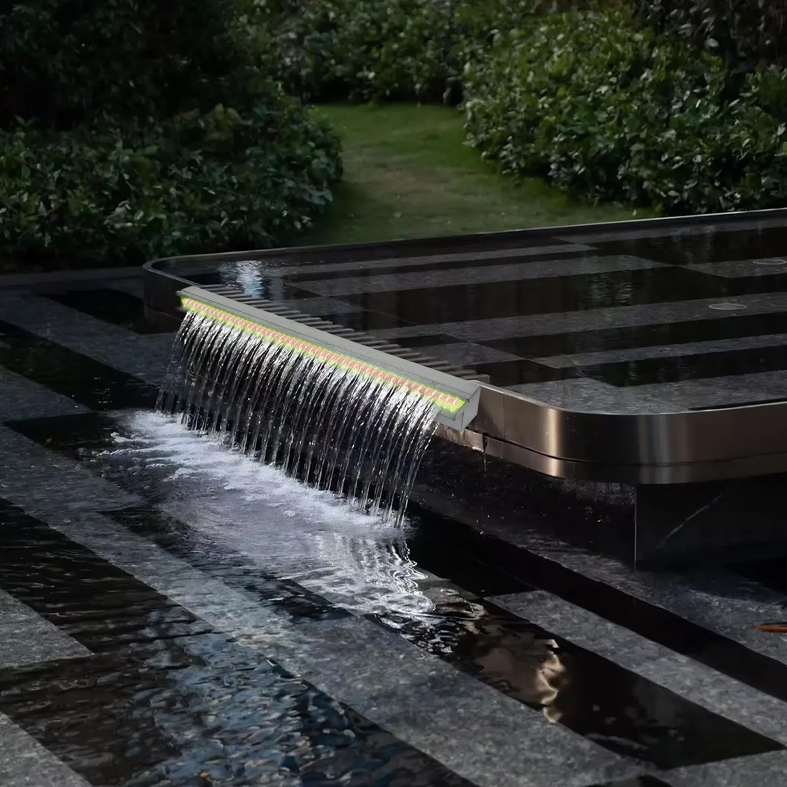 Garvee Cascada de Agua de Acero Inoxidable 304 para Piscina y Jardín Fuente Rectangular Decorativa con Luces LED RGB y Mando a Distancia para Estanque Exterior y Paisajismo Patio 90 cm Plata