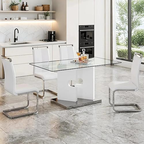 Miniatura 9 de Ebullient Juego de mesa de comedor de cristal de 63 pulgadas para 4, mesa de comedor de vidrio negro y base de MDF, mesa de cocina rectangular Mesa