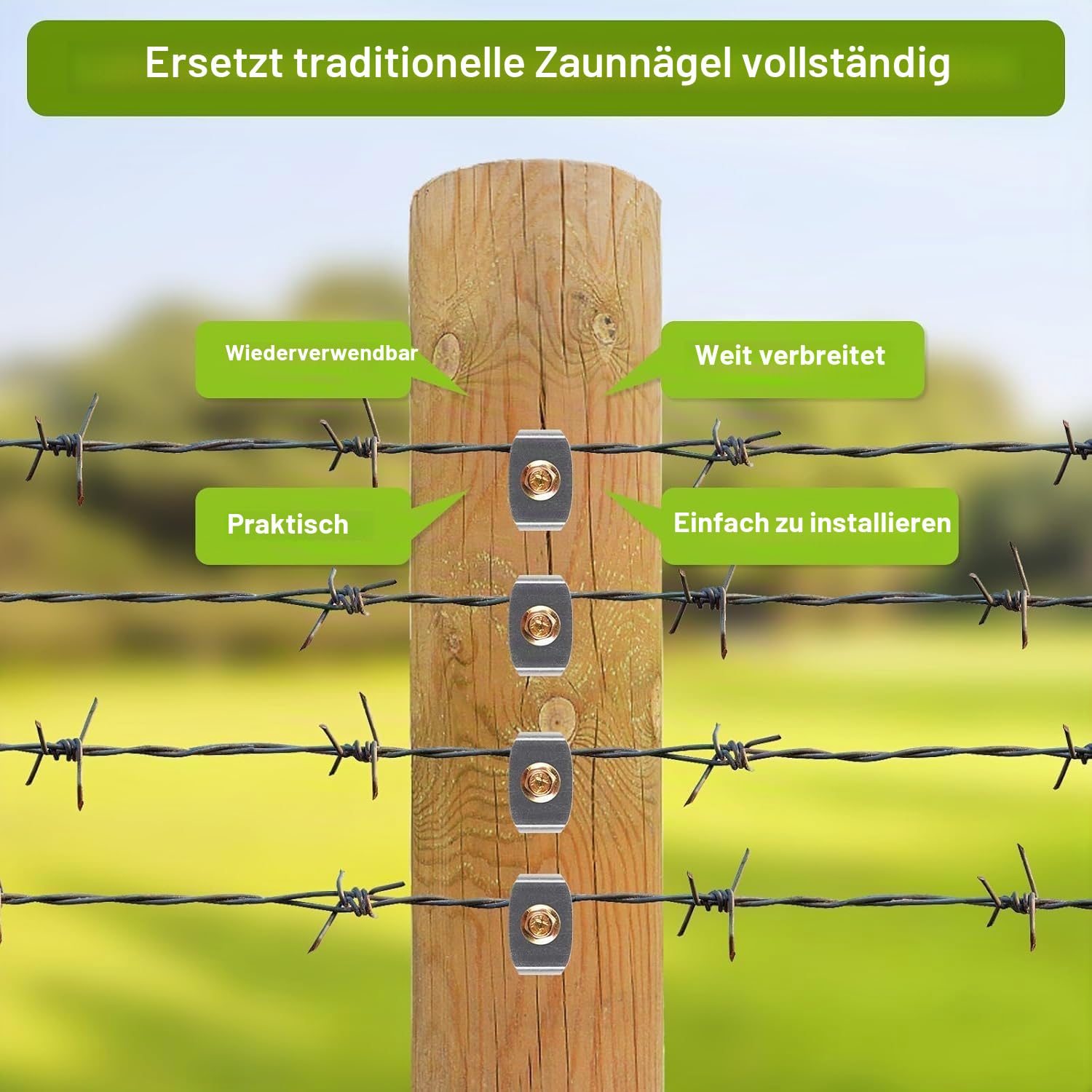 Insaga 100pcs Zaunklammern, 304 Edelstahl Krampennägel Zaunbefestigungsnägel 45mm M5 Stahlkrampen zum Holzschrauben für Maschendraht und Geflochtene Zäune mit Drahtfixer Halten Fest / M8 Adapter