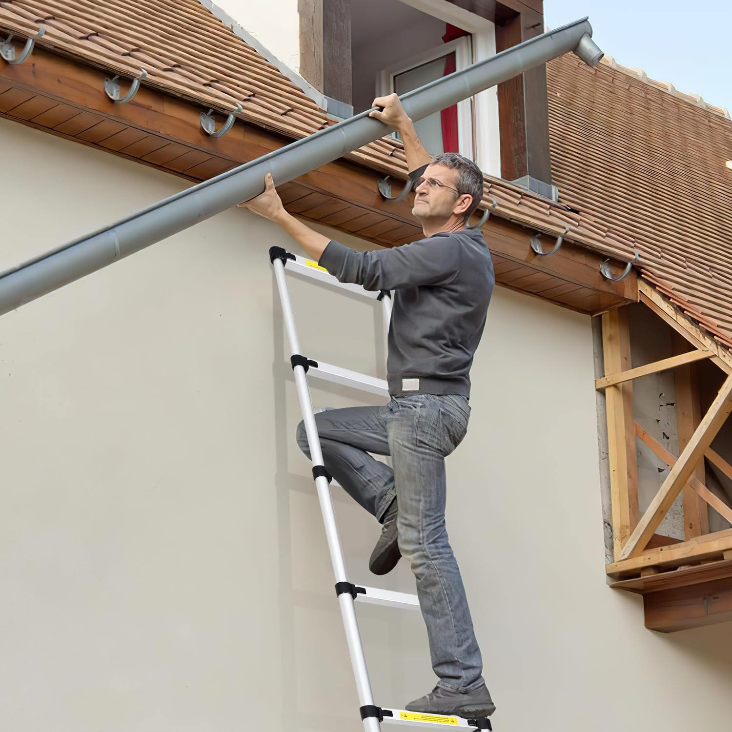 Lospitch Escalera telescópica, 5 m, escalera extensible antideslizante, aluminio, carga 150 kg, escalera extensible, escalera multiusos, extensible y portátil para desván, oficina, caravana, escalada