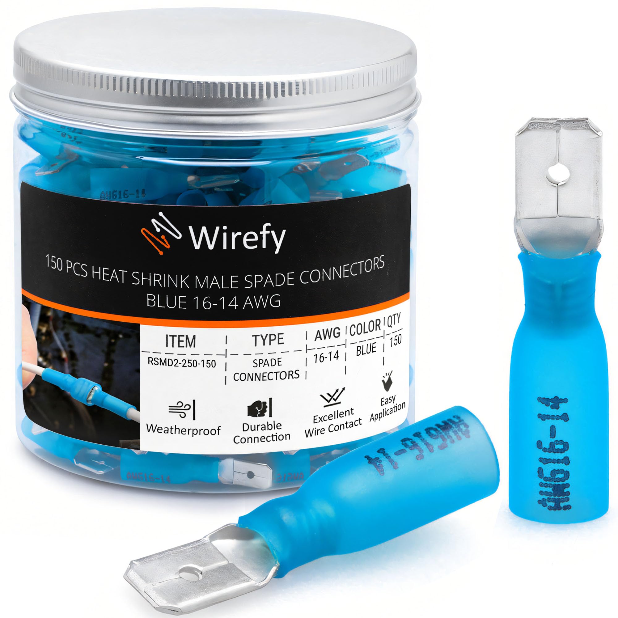 150 PCS Wirefy Male Spade Connectors - Heat Shrink Spade Connector Kit - Quick Disconnect Wire Connectors - Electrical Spade Terminals - Blue 16-14 Gauge