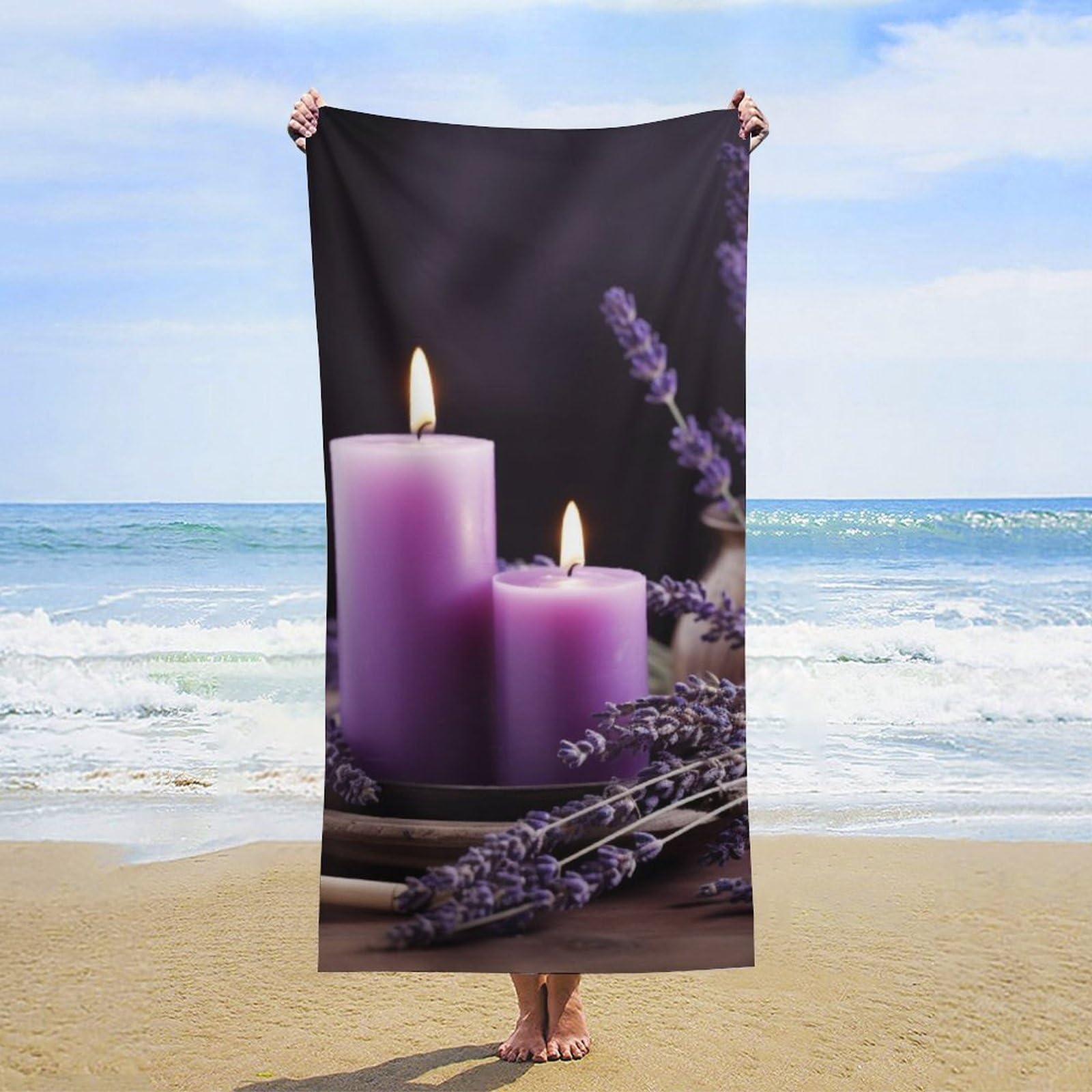 NTVOWPZO Purple Lavender with Candles Beach Towel Oversized Microfiber Bath Towels Lightweight Sand Proof Beach Towels Absorbent Pool Towels for Swimming Yoga Bathroom Towel 31.5" X 63"