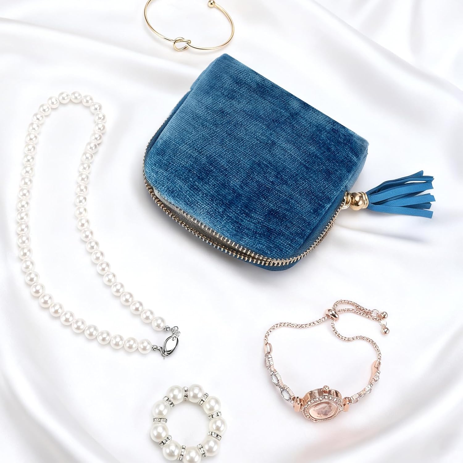 Travel Jewelry Case Small Soft Velvet Organizer Pouch Travel Gifts for Women Storage Bags Mini Jewelry Bag for Gemstones Bracelets Healing Crystal Earring Necklaces Small Pouch Teal Blue