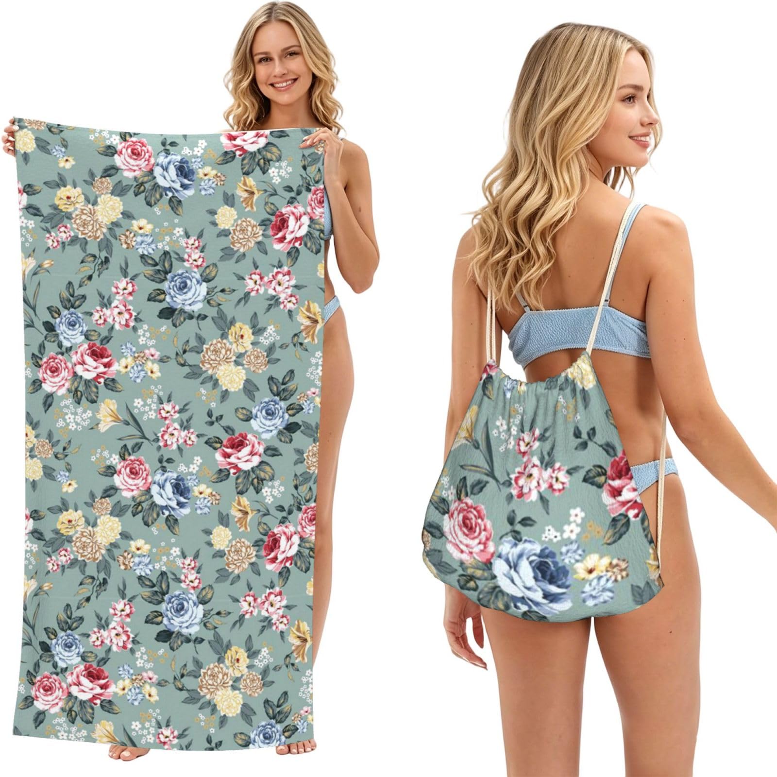 Poadnly Rose Flowers On Green Background, 2 in 1 Packable Towel Bag, Beach Towels with Drawstring Backpack for Travel Holiday Camping