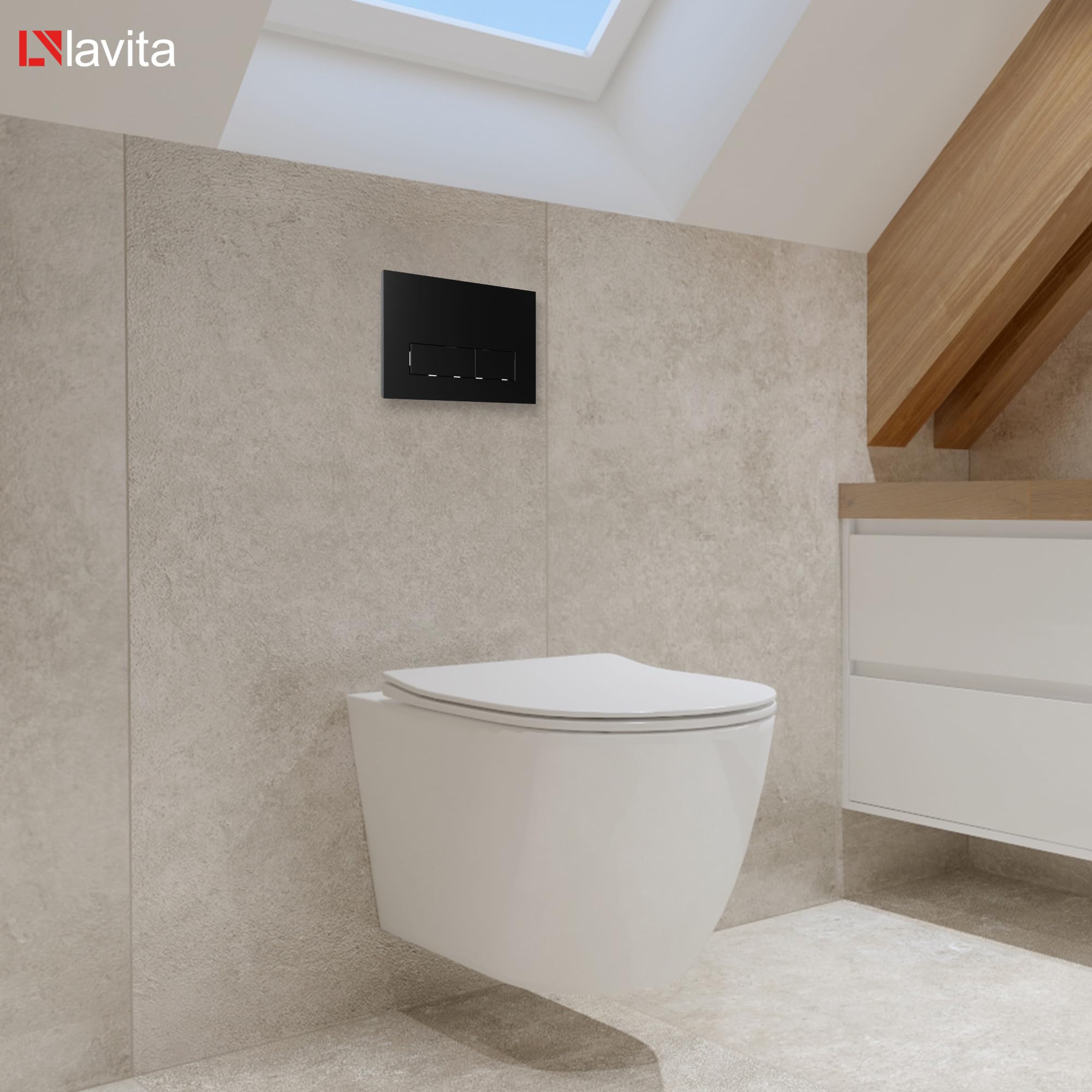 lavita Lavita LAV 101 elemento de pared para inodoro 40 cm + inodoro suspendido suspendido SINTO GRANDE blanco sin borde + panel de control LAV 200.3.4 negro | Conjunto completo | Cisterna empotrada