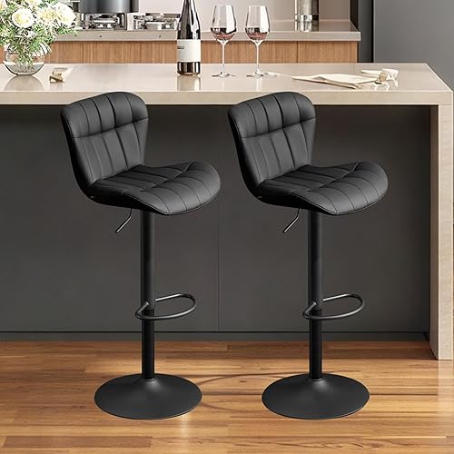 Furniliving Juego de 2 taburetes de bar modernos, de piel sintética para isla de cocina, taburetes giratorios tapizados de altura con respaldo,
