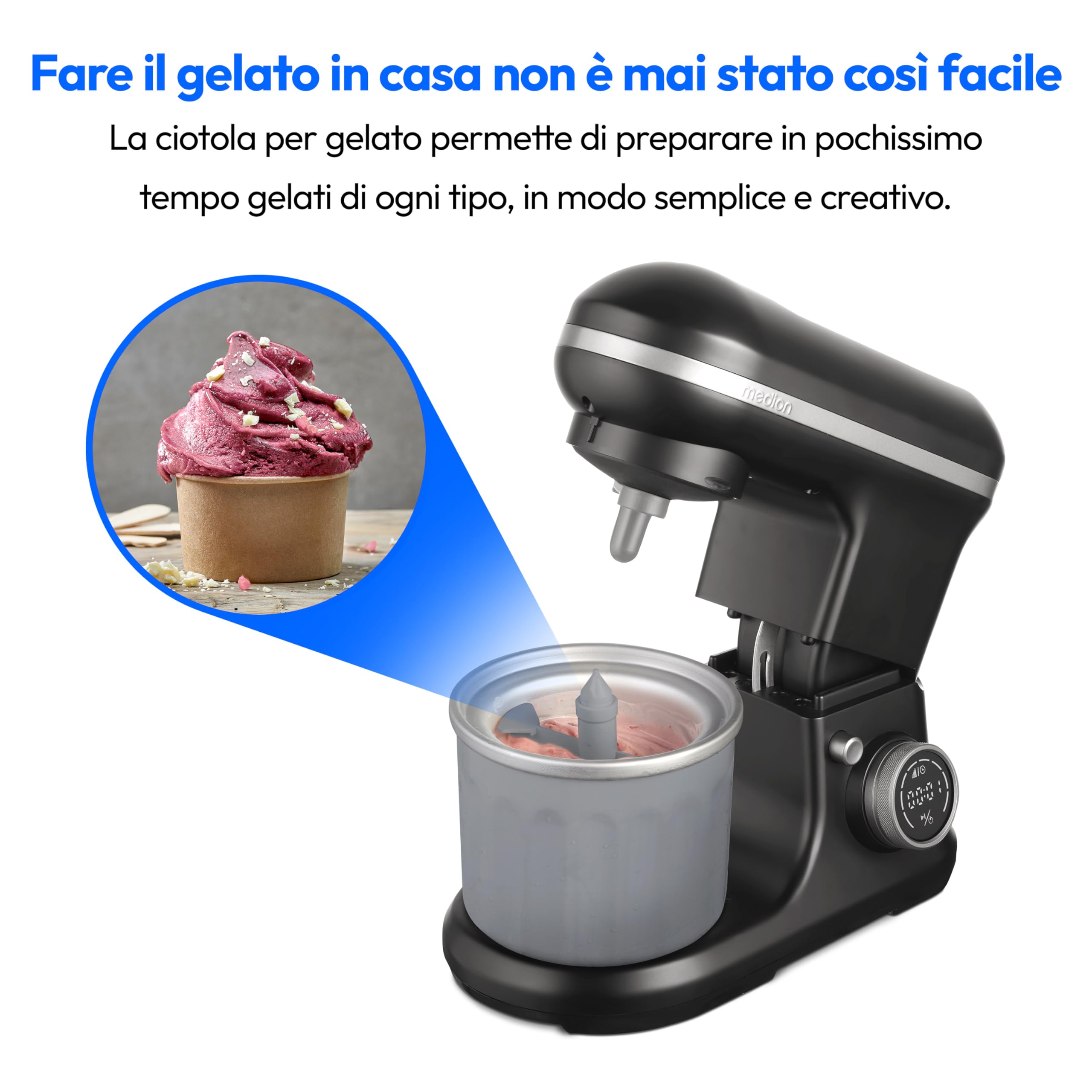 MEDION Robot da cucina (1.200 watt, 8 impostazioni, miscelare impastare mescolare, display digitale, ciotola in acciaio inox da 5 litri, ciotola per la preparazione del gelato, MD18420) nero