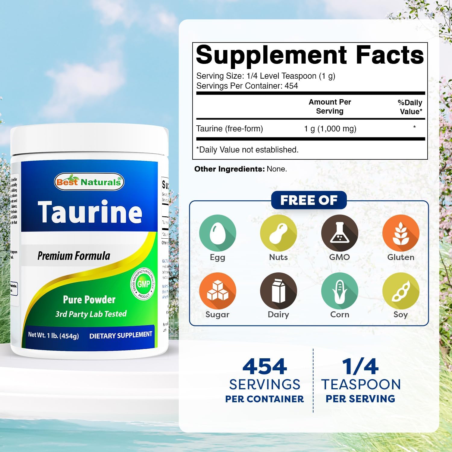 Best Naturals 100% Pure Taurine Powder Free Form - Taurine 1000mg per Serving - 1 Lb (454 gm) (1 LB (Pack of 2))