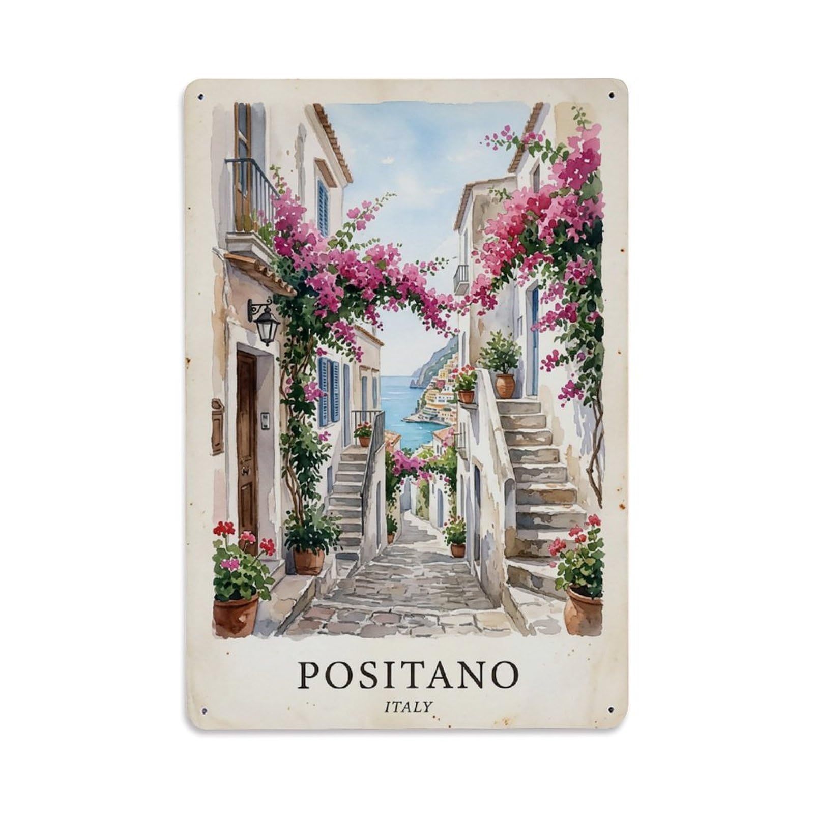 Huiyhb 8X12inch(20X30cm) Vintage Travel Positano Italy Bougainvillea Street Bloom Metal Tin Sign