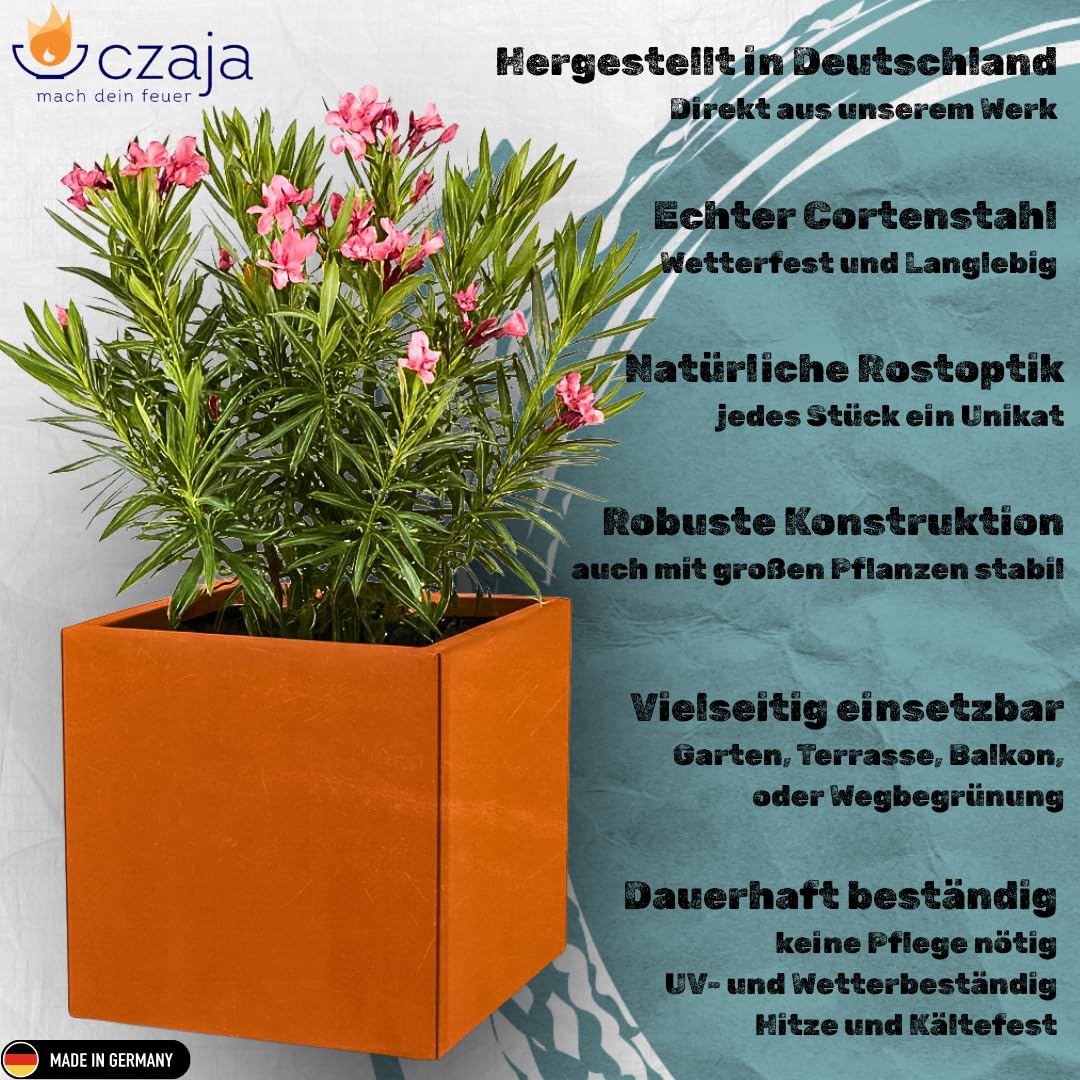 Czaja Cortenstahl Pflanzkübel 60x60x60 cm Fiorella mit Bodenplatte - Made in Germany - Rost Deko Blumenkübel quadratisch – wetterfest & langlebig – Garten Terrasse Balkon – Edelrost Pflanzgefäß
