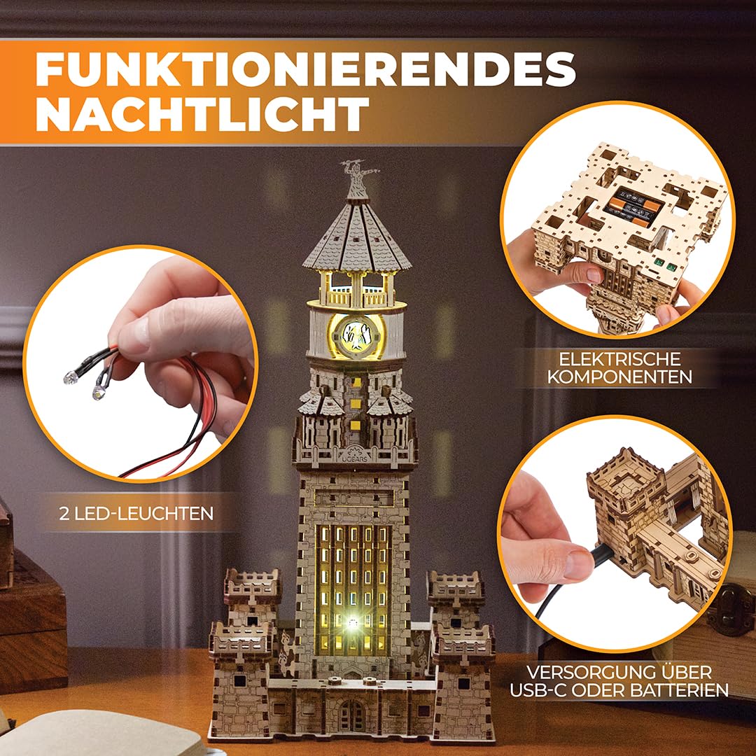 UGEARS Leuchtturm von Alexandria 3D Puzzle - DIY-Bausätze für Erwachsene 3D Holzpuzzles für Erwachsene mit LED-Nachtlicht - Modellbausätze Bastelsets aus Holz 340 Teile
