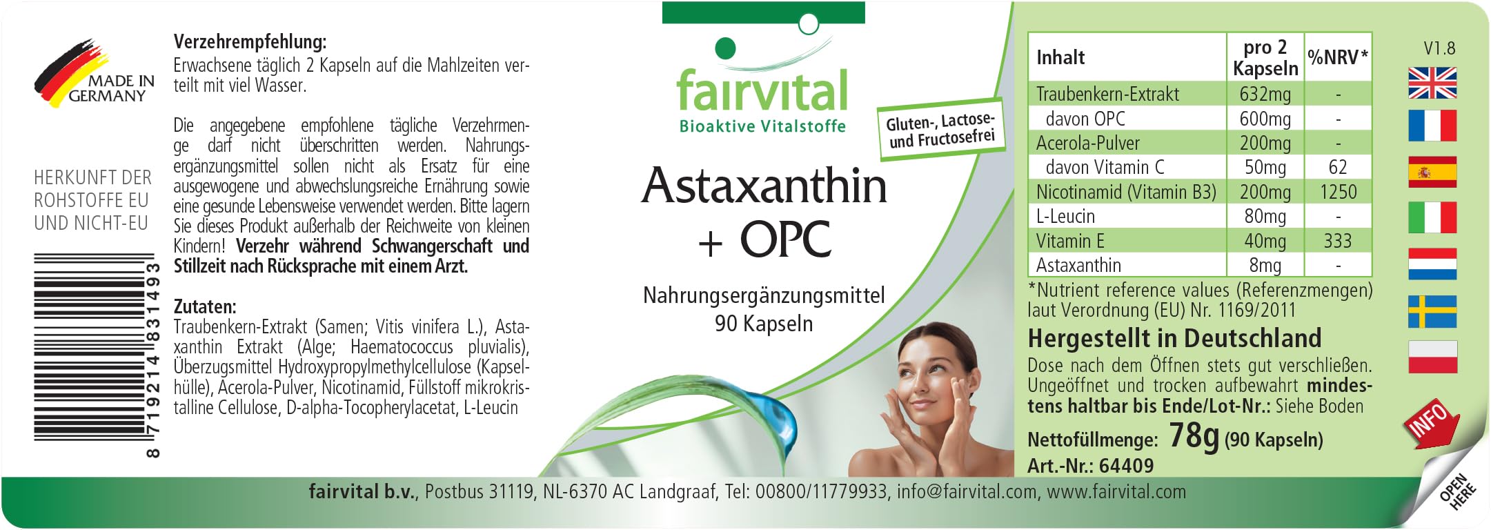 fairvital Astaxanthine + OPC, 90 gélules, avec vitamine c d'acerola, nicotinamide (vitamine B3) et vitamine E, qualité certifiée et hautement dosé, 100% végétalien, fabriqué en Allemagne