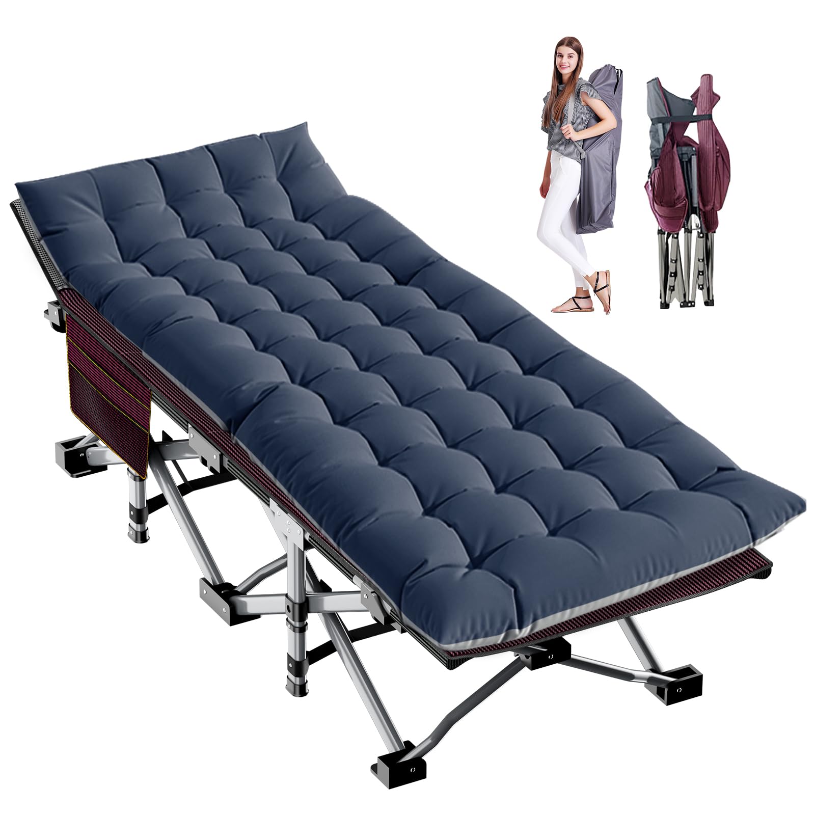 LILYPELLE Folding Camping Cot, Extra Wide Heavy Duty Sleeping Cots with Carry Bag, Double Layer Oxford Portable Travel Camp Cots for Home, Office Nap and Outdoor Beach