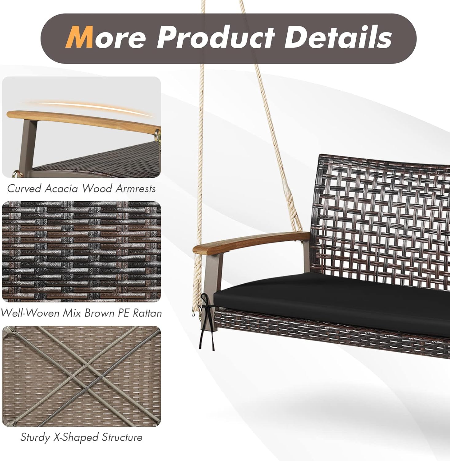 DORTALA Hanging Porch Swing, 2 Person Outdoor Wicker Rattan Swing Chair Bench with Cushion, Ropes for Patio, Garden, Backyard, Mix Brown+Black