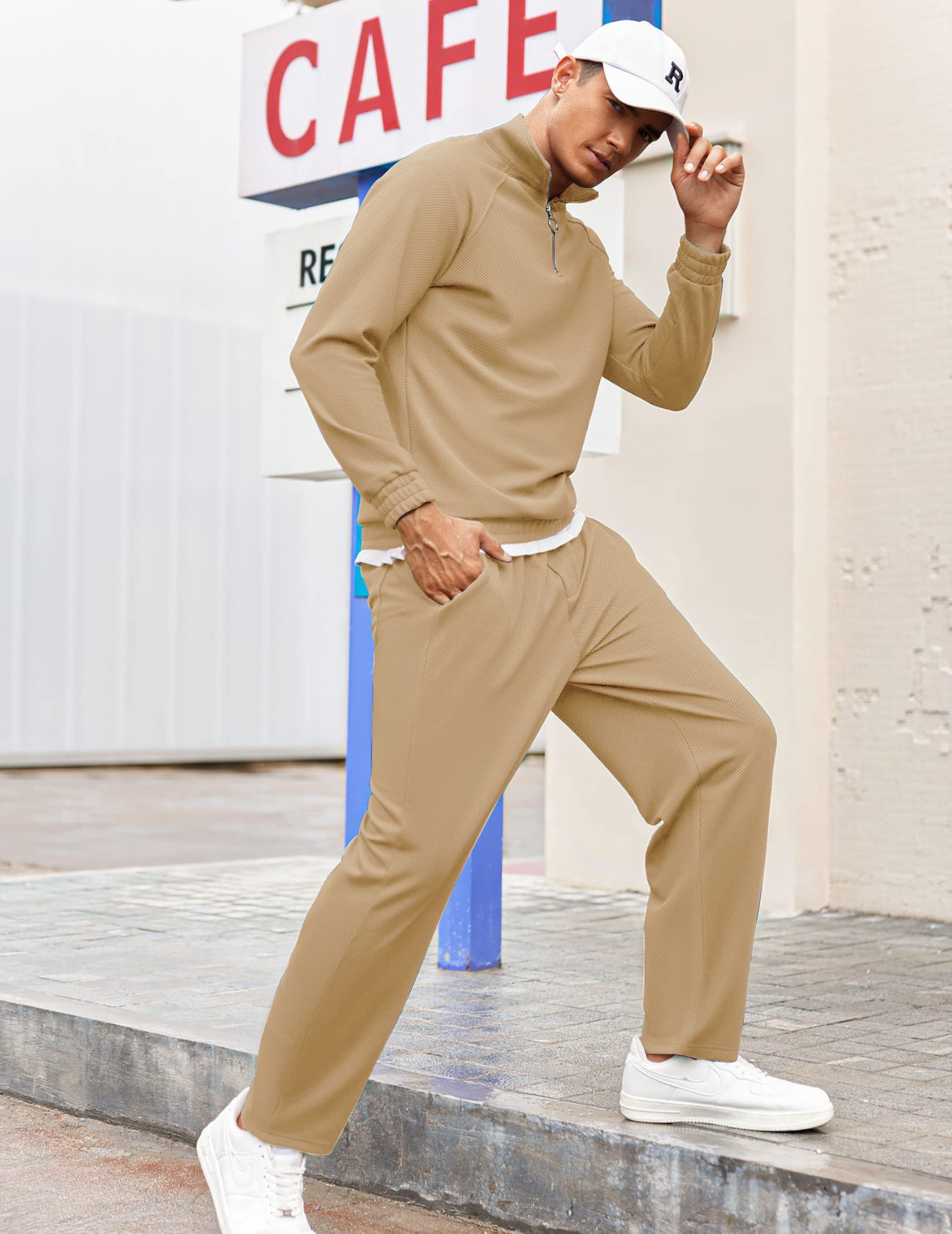 COOFANDY Tuta da uomo in 2 pezzi, vestibilità comoda, mezza zip, per atletica, corsa, jogging, set | Tuta sportiva sportiva, tessuto jacquard traspirante, per corsa, allenamento, tempo libero, viaggi, aeroporto