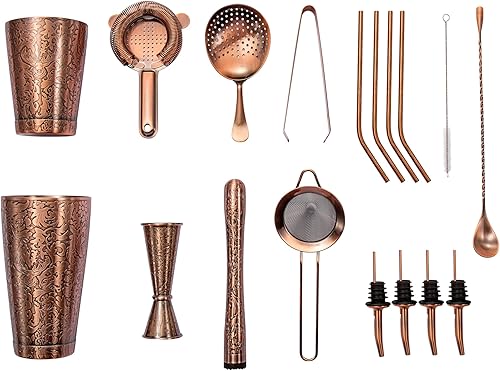 Miniatura 2 de Sky Fish Kit de camarero grabado en 3D de 18 piezas de acero inoxidable Boston coctelera juego de herramientas de barman chapado en cobre, juego de
