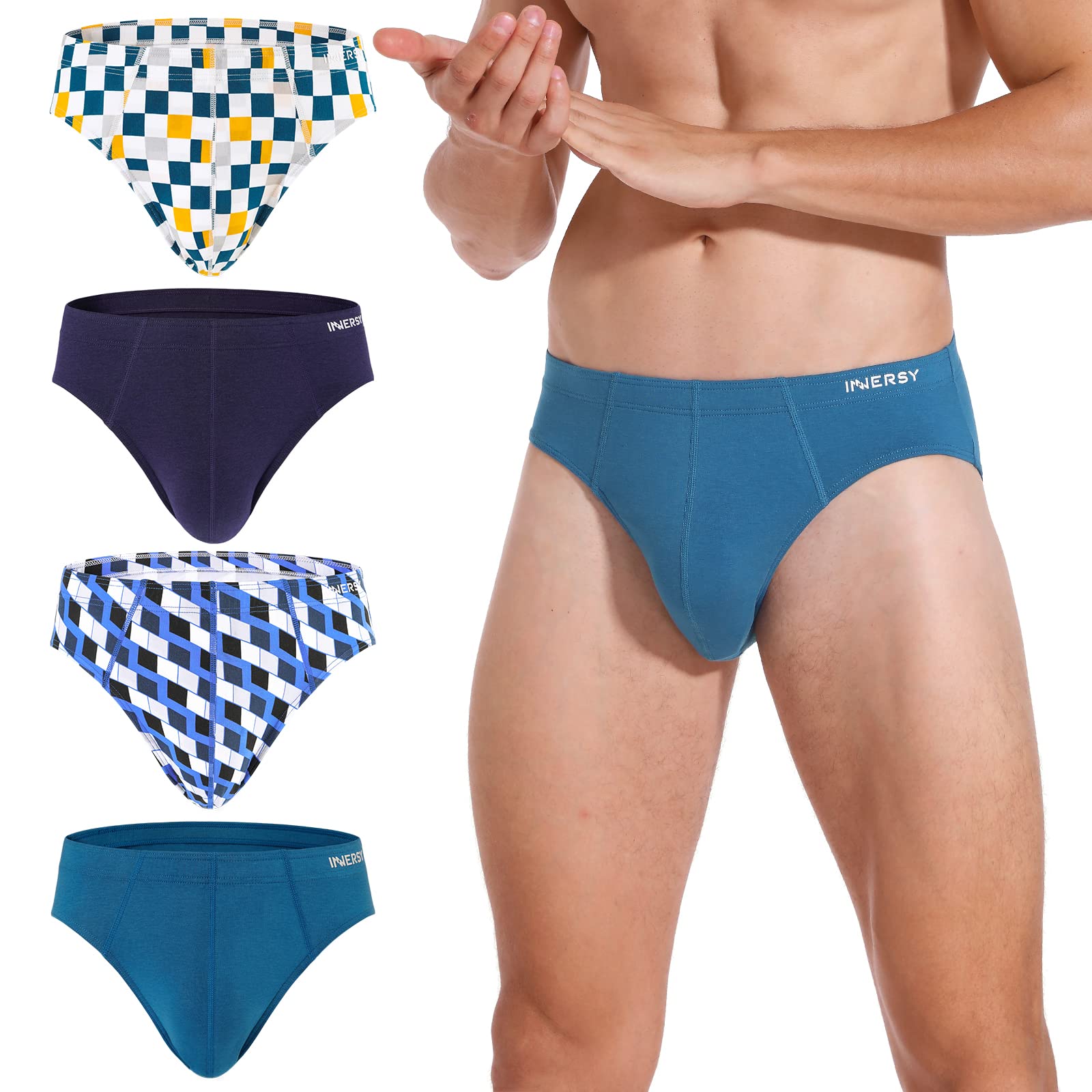INNERSY Herren Unterhosen Slip Männer Sport Slips Atmungsaktive Pants Unterwäsche Mehrpack 4 (XL, Blau/Marine/2 Geometrischer Druck)