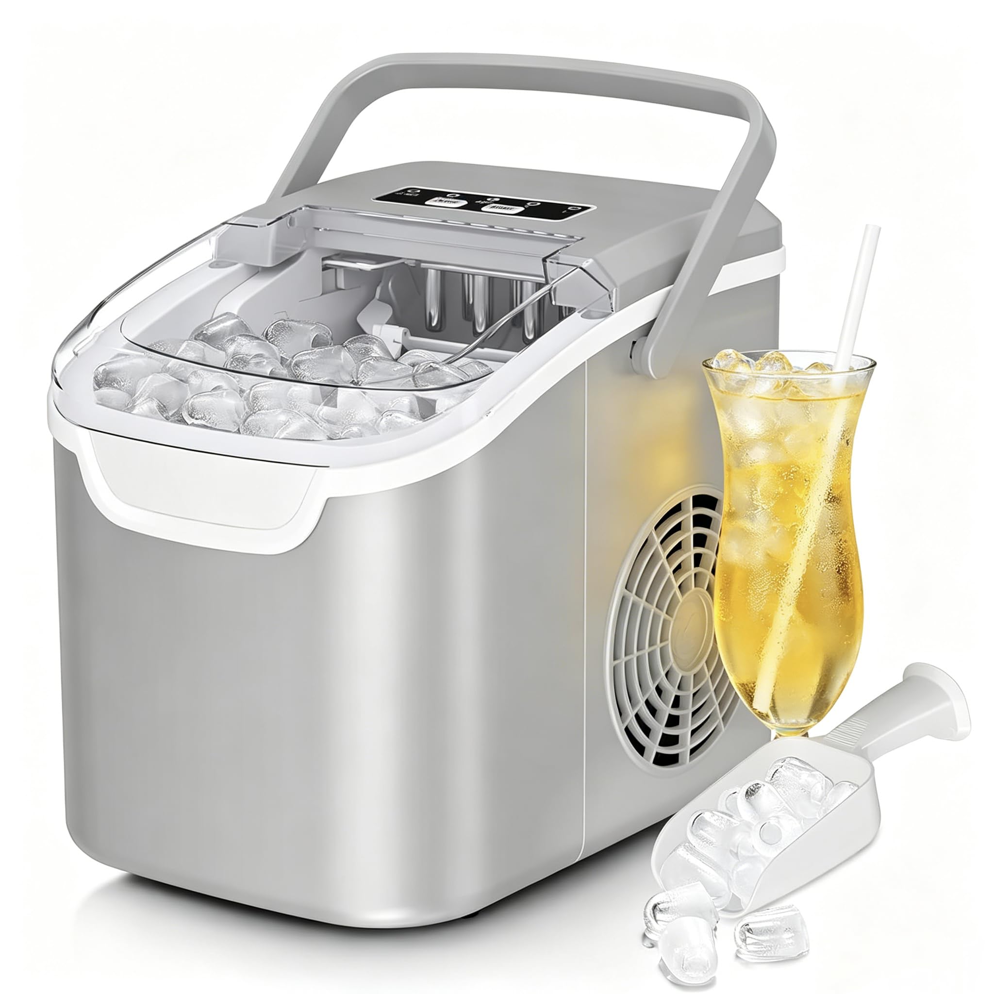 Electactic Portable Ice Maker Countertop,8 Bullet Ice in 6 Mins, Light Grey | 26.5lbs/24Hrs, Self-Cleaning Function, With Basket/Scoop for Home/Office/Bar/RV/Camping, Light Grey