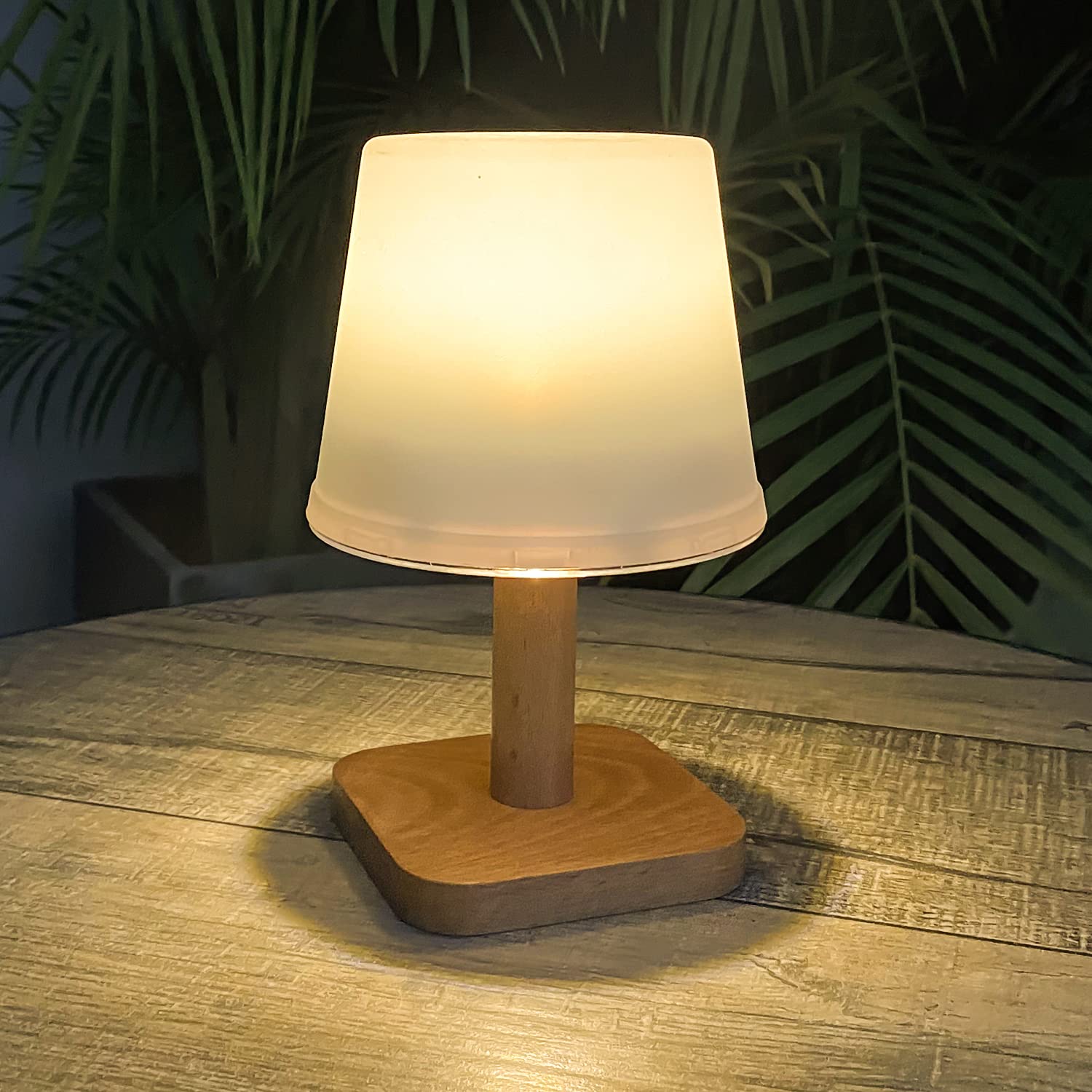 pearlstar LED 8”H Solar Table Lamp with Wood Base Outdoor Indoor Desk Lamp White Night Lights Garden Solar Table Lights (Wooden)
