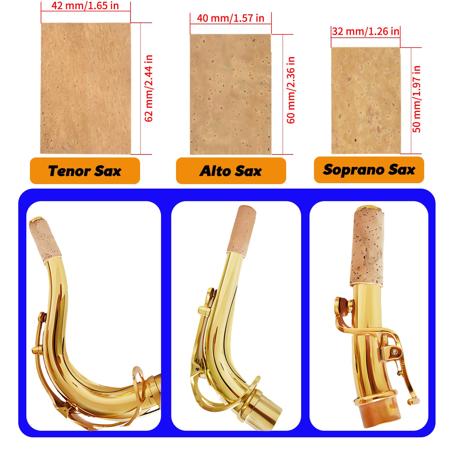 Kit de repuesto de corcho para saxofón tenor | 3 corchos de 42 x 62 mm, grasa, pegamento, cuchillo, 2 papel de lija, cuerda | Juego completo de mantenimiento y reparación