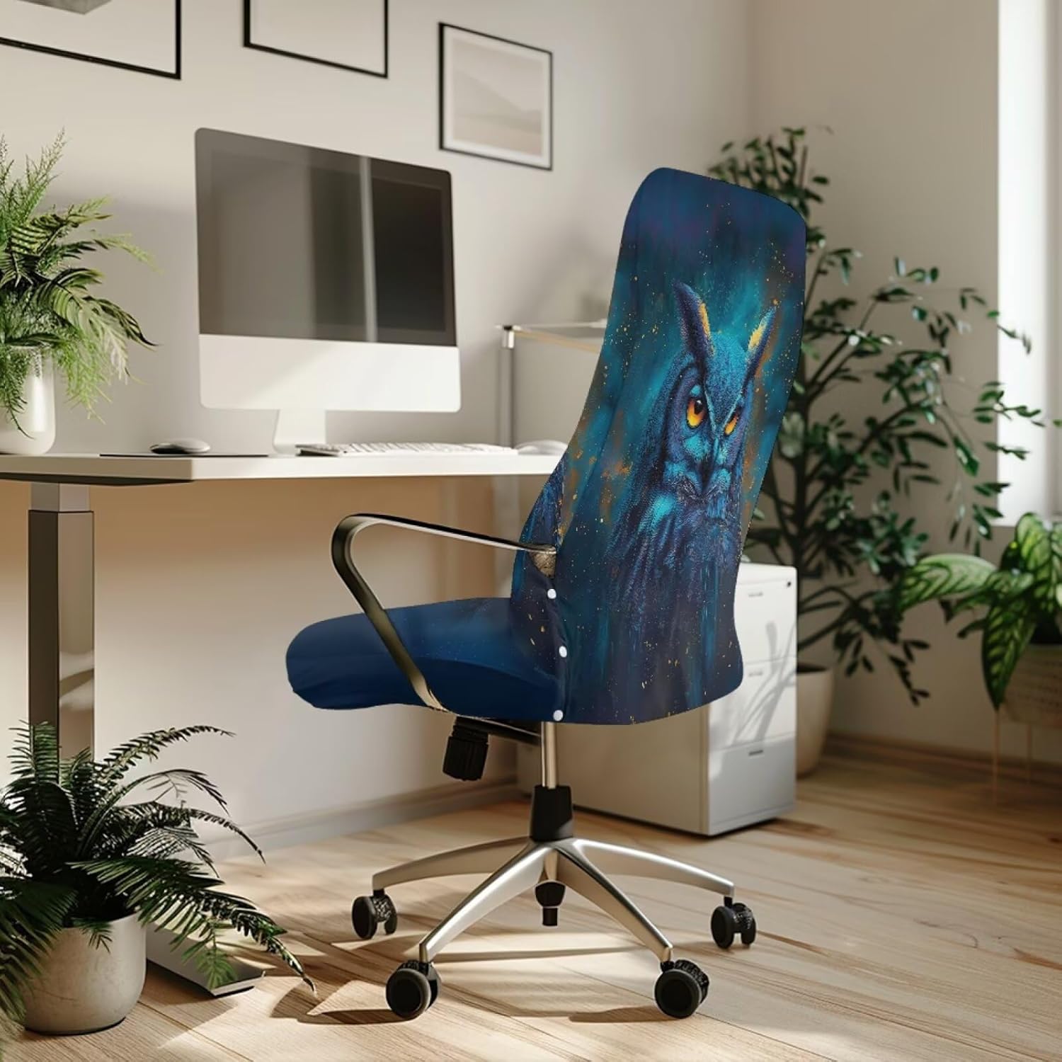 Blue Owl Pattern Office Chair Cover, Removable Computer Cover for Chair with Elastic Bottom Universal Rotating Desk High Back Seat Protective Chairs Slipcovers-L