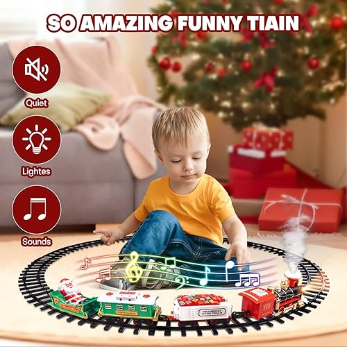 Miniatura 4 de Juego de tren de Navidad 2 en 1 para colgar alrededor del árbol, juguetes para niños pequeños con pista de lujo, sonido y humo, juego de juguetes de