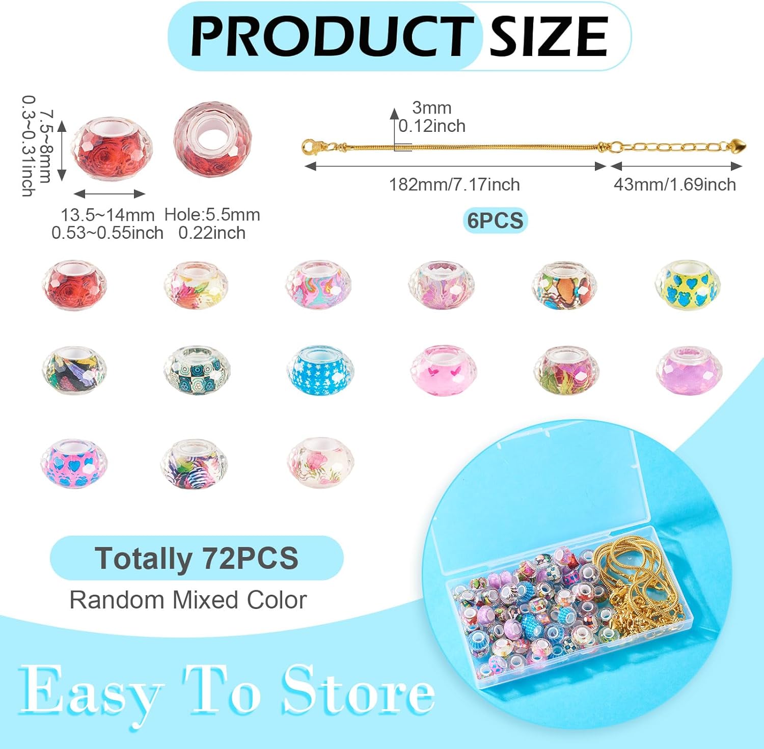 Cheriswelry 78Pcs European Beads for Bracelets Making Kit Large Hole Rondelle Loose Spacer Beads with Stainless Steel Bracelets Beads 13.5-14mm for DIY Necklace Earring Jewelry Making - Image 4
