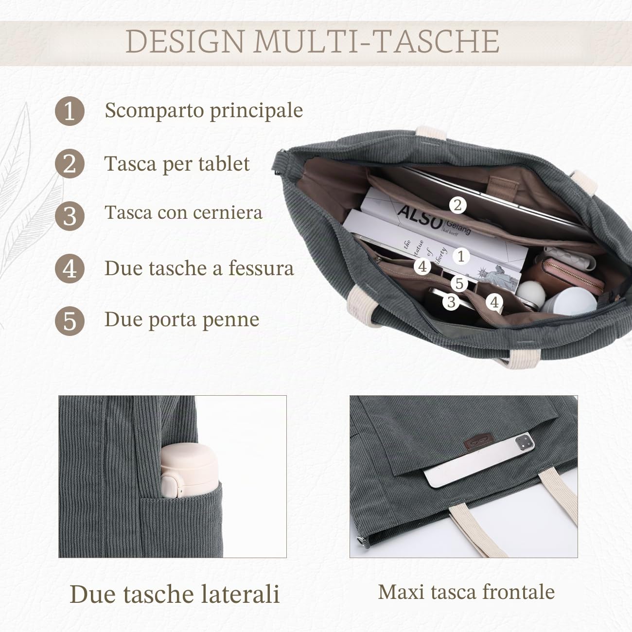 Chase Chic Tote Bag Università, Grande Borsa Tote in Velluto a Coste Casual Borsette Tracolla Spalla Shopper Donna per Viaggi