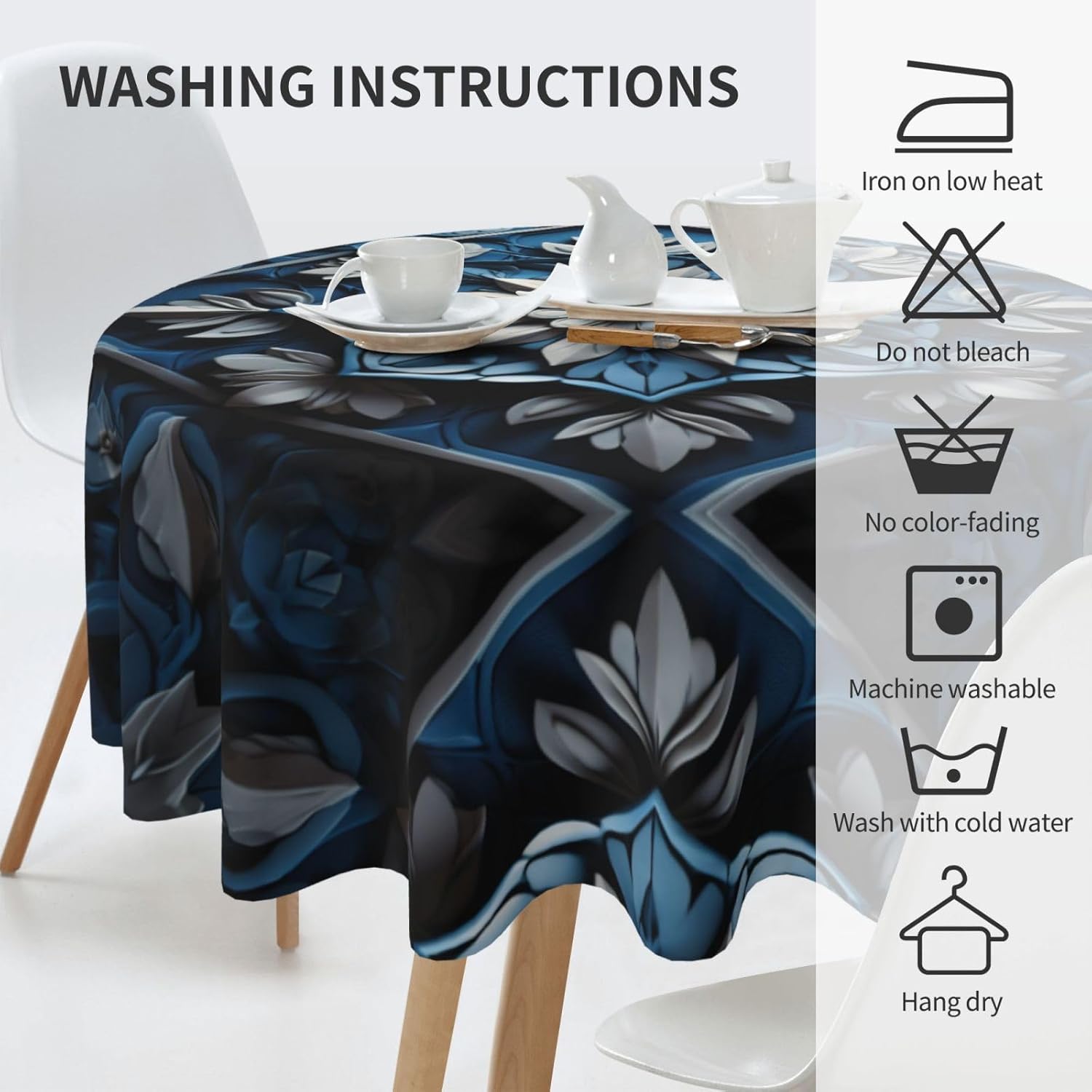 Blue Folk Art Pattern2 Print Wrinkle Free Dining Table Cover for Birthday Party Farmhouse Tablecloths Up to 60 x 60 Inches