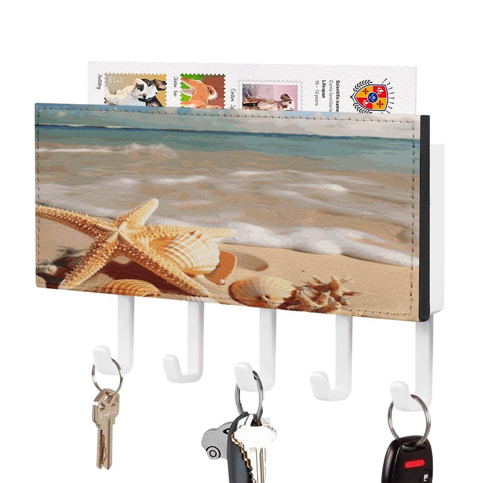FekiLoot Seashells Starfish on Beach Key Holder for Wall Decorative Mail Organizer with 5 Key Hook Self Adhesive Key Rack with Tray Coat Rack Wall Mount Key Hanger Decor for Entryway Door