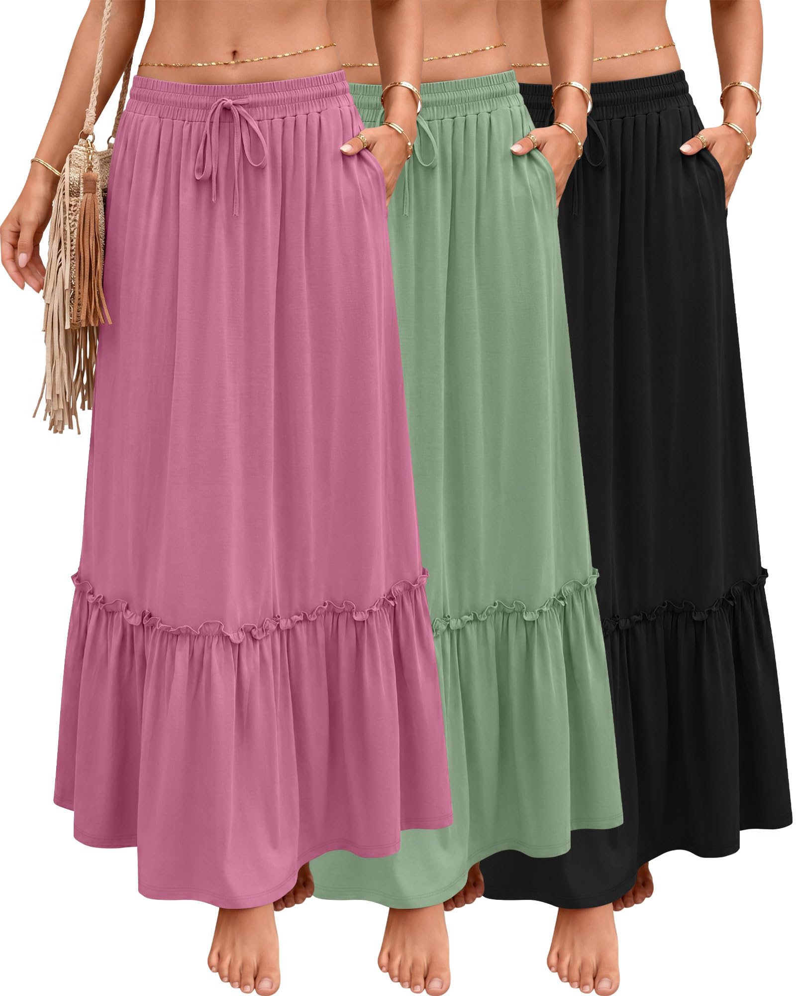 Pack de 3 Faldas Maxi Boho para Mujer, Falda Larga de Capas con Volantes, Cintura Alta