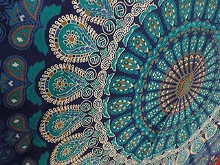 Multi-Colored Mandala Tapestry Indian Wall Hanging, Bedsheet, Coverlet Picnic Beach Sheet, Hippie Wall Tapestry or Bedspread in Organic Cotton (Blue, Single(220x140cms))