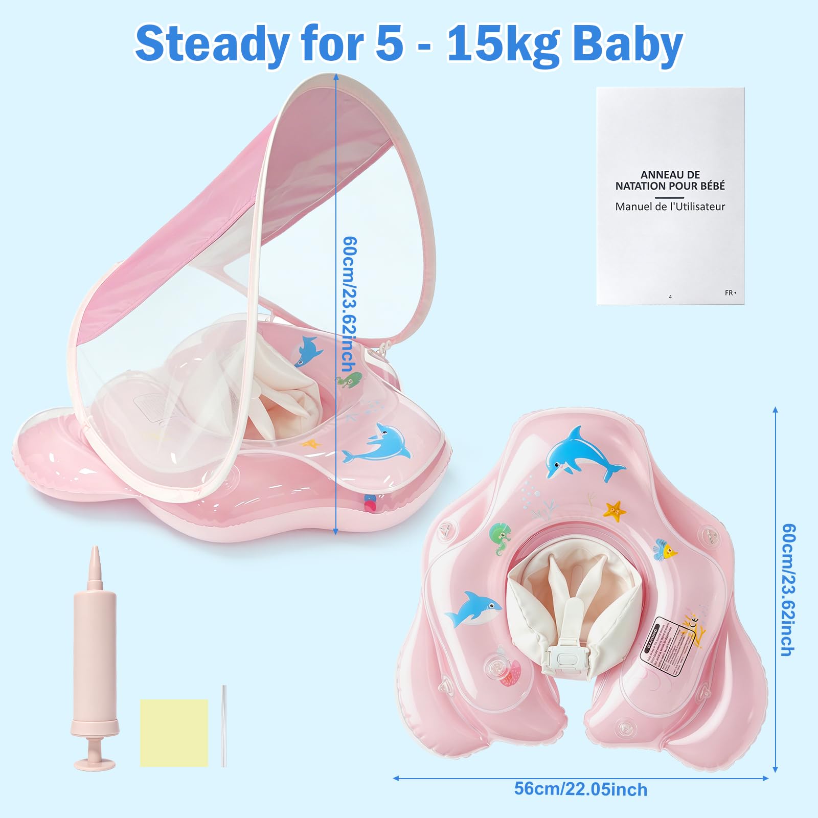 Flotador de Bebé con Toldo Solar, Tiburón Rosa para Niños 12-36 Meses, Flotador de Piscina Hinchable con Cámaras Elevadas Antivuelco y Arnés de Seguridad