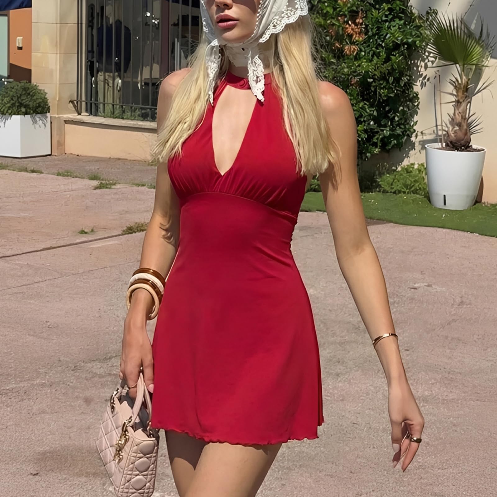 Robe Femme Sexy sans Manches Col Halter Mini Robes Moulante Elegant Bodycon Dos Nu Robe Courte d'Été Chic Décontractée Wrap Robes pour Soirée Cocktail Fête Clubwear Rave Outfit