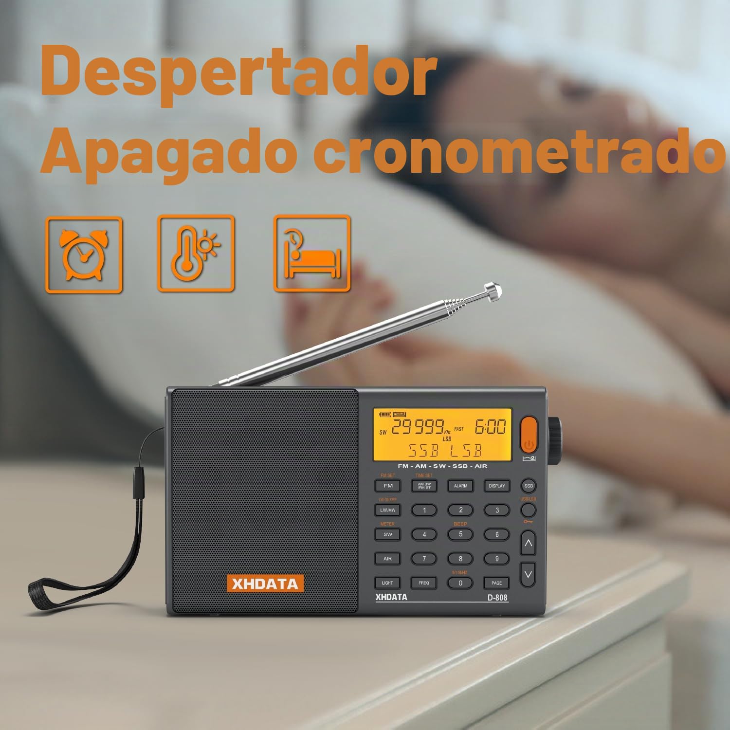 XHDATA D-808 Radio Digital Portátil FM estéreo/SW/MW/LW SSB RDS Banda Aérea Altavoz de Radio con Pantalla LCD Reloj de Alarma Antena Externa y Batería Recargable(Gris)