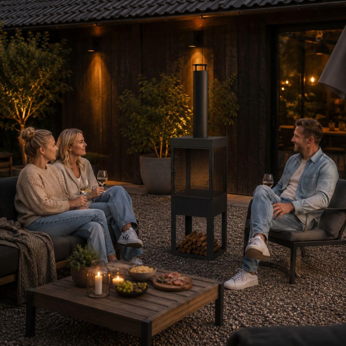 BBQ Collection Brasero Exterieur avec Cheminée - Cheminée de Jardin 194 x 44 x 47 cm - Cheminée de Terrasse avec Pare-Étincelles - Poêle à Bois Decoration Jardin - Acier au Carbone