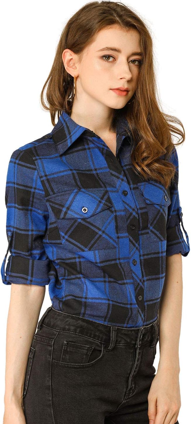 Allegra K Women's Roll Up Long Sleeve Christmas Button Down Plaid Flannel Shirt Top - Image 4