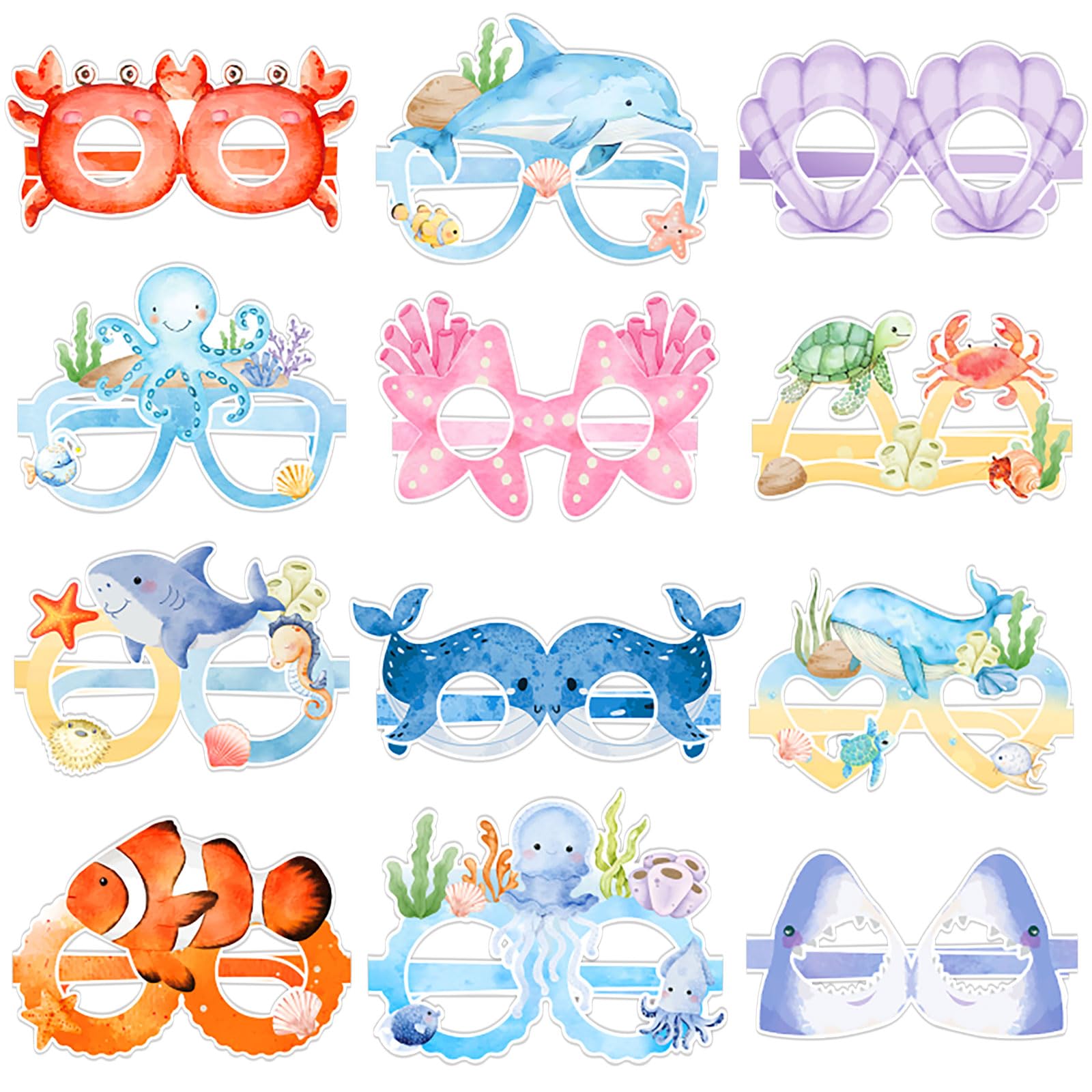 VioraWhite 48 Pcs Sea Animal Party Favors Under Ocean Paper Glasses Ocean Animal Photo Props for Shark Shower Summer Fishing Birthday Party Supplies