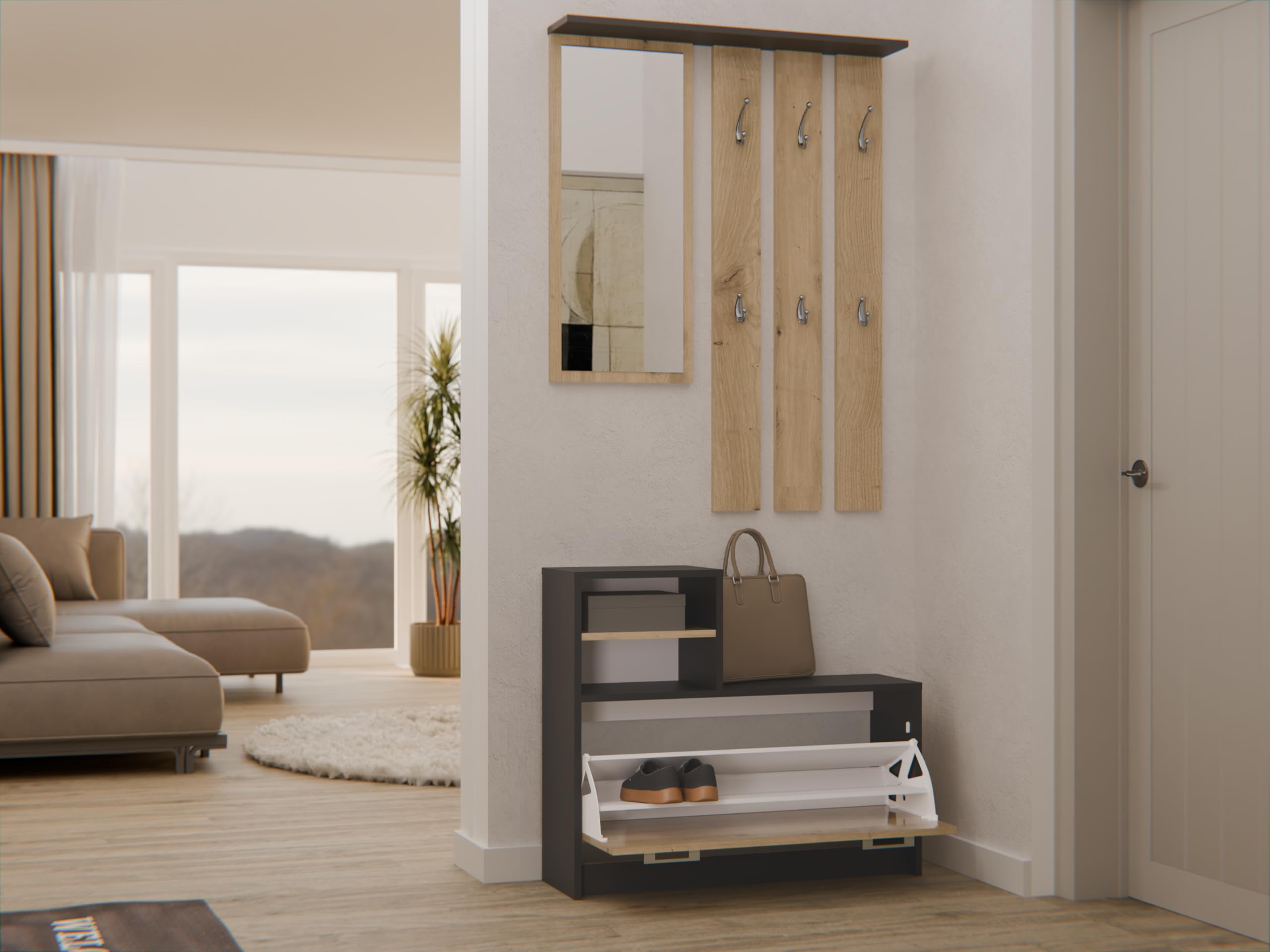 CDF Ensemble Meubles Entrée Complet Vestiaire Miroir Porte-Manteaux Mural 6 Crochets Armoire à Chaussures 9 Paires Rangement Couloir Moderne Compact Placard 85 x 24 x 180 cm Chêne Artisan Anthracite