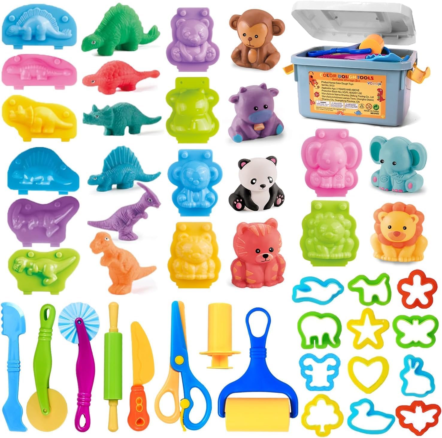 Playdough Tools Set with Storage Box, 32Pcs Clay and Dough Accessories Including 3D Dinosaur & Animal Molds, Cutters, Rolling Pins, Safety Scissors, Extruder, Learning Toys for Toddlers Creative Play