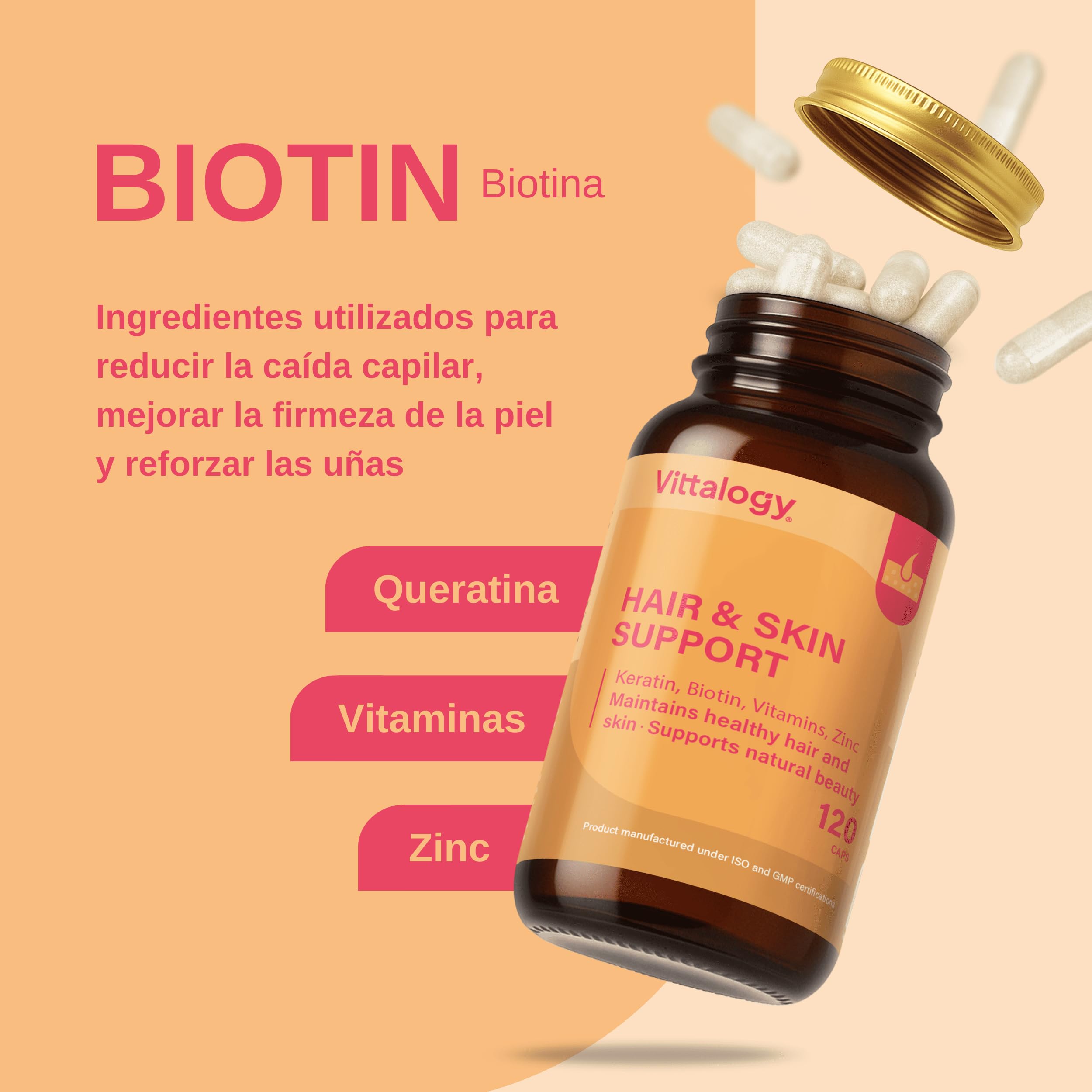 Hair & Skin Support Complemento Alimenticio de Vitaminas, Biotina, Queratina y Zinc para Fortalecer Pelo, Piel y Uñas. Suplemento Natural Contra Caida Cabello de Mujer y Hombre. 360 Cápsulas