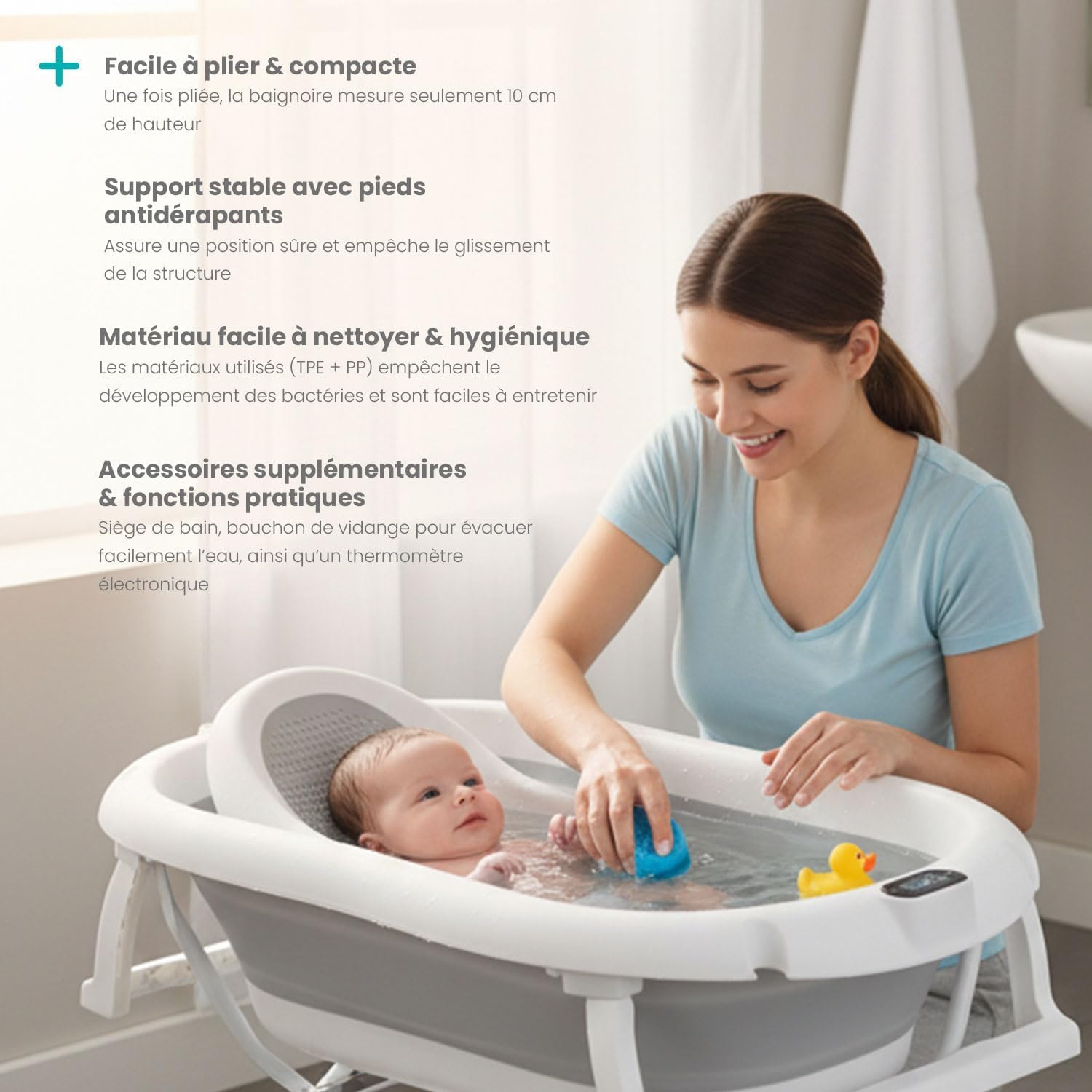 Primabobo Kit de Bain Bébé PREMIUM : Baignoire Pliable avec Thermomètre LCD Intelligent, Transat Ergonomique et Support Stable, Ensemble de Bain Luxe 80cm, Gris