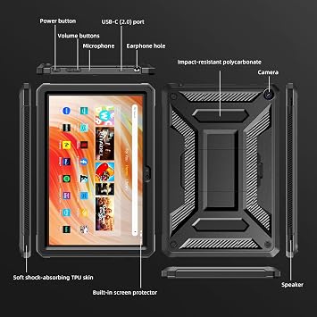 Amazon Fire HD 10 & Fire HD 10 Kids Pro Tablet Case (Only 13th Gen, 2023 Release), DJ&RPPQ Full Body Rugged Hands-Free Viewing Stand Back Cover with Screen Protector, Also for 10in Sony Nokia - Black